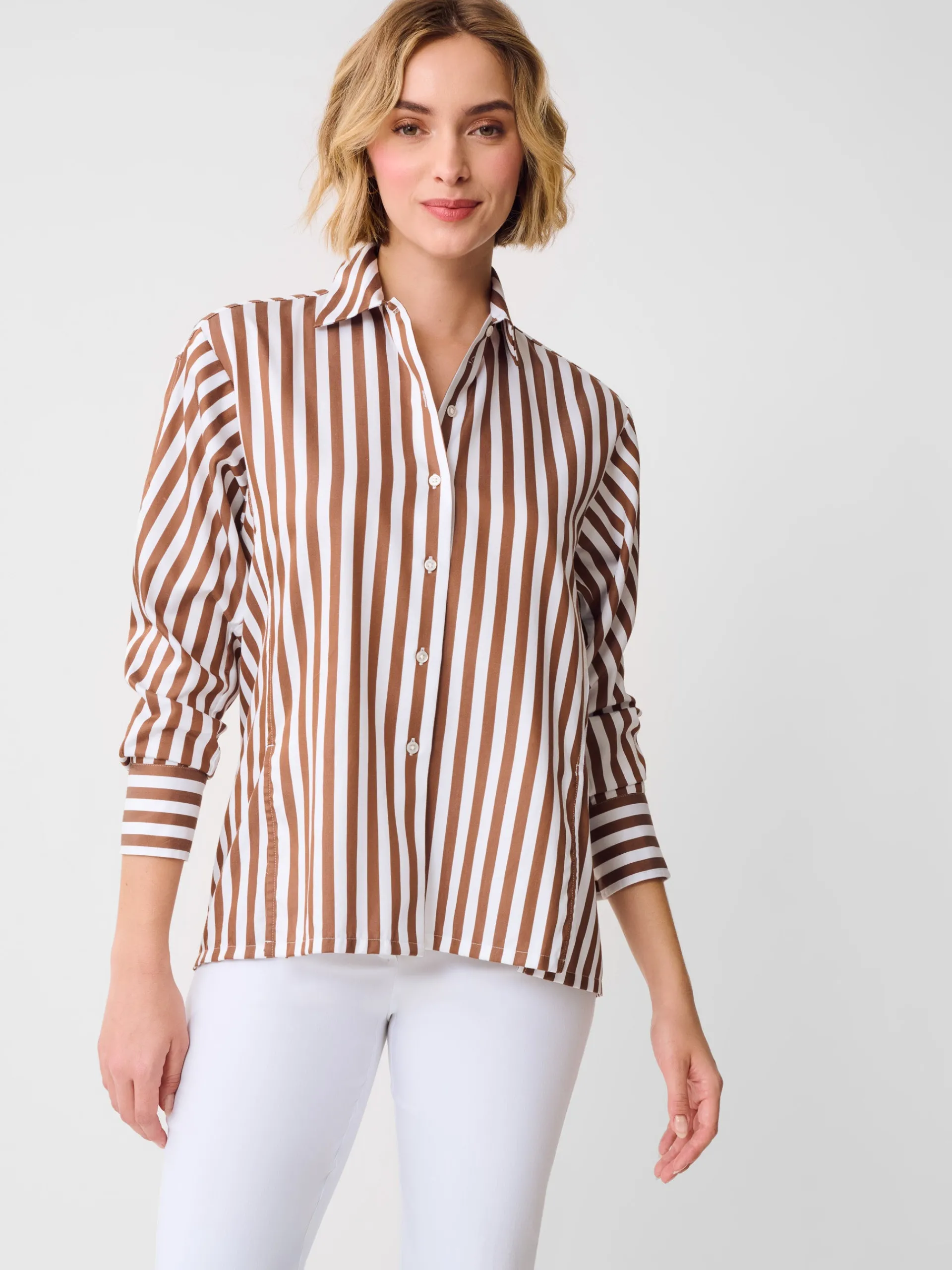 J.McLaughlin Alexis Shirt in Stripe Brown/White Clearance
