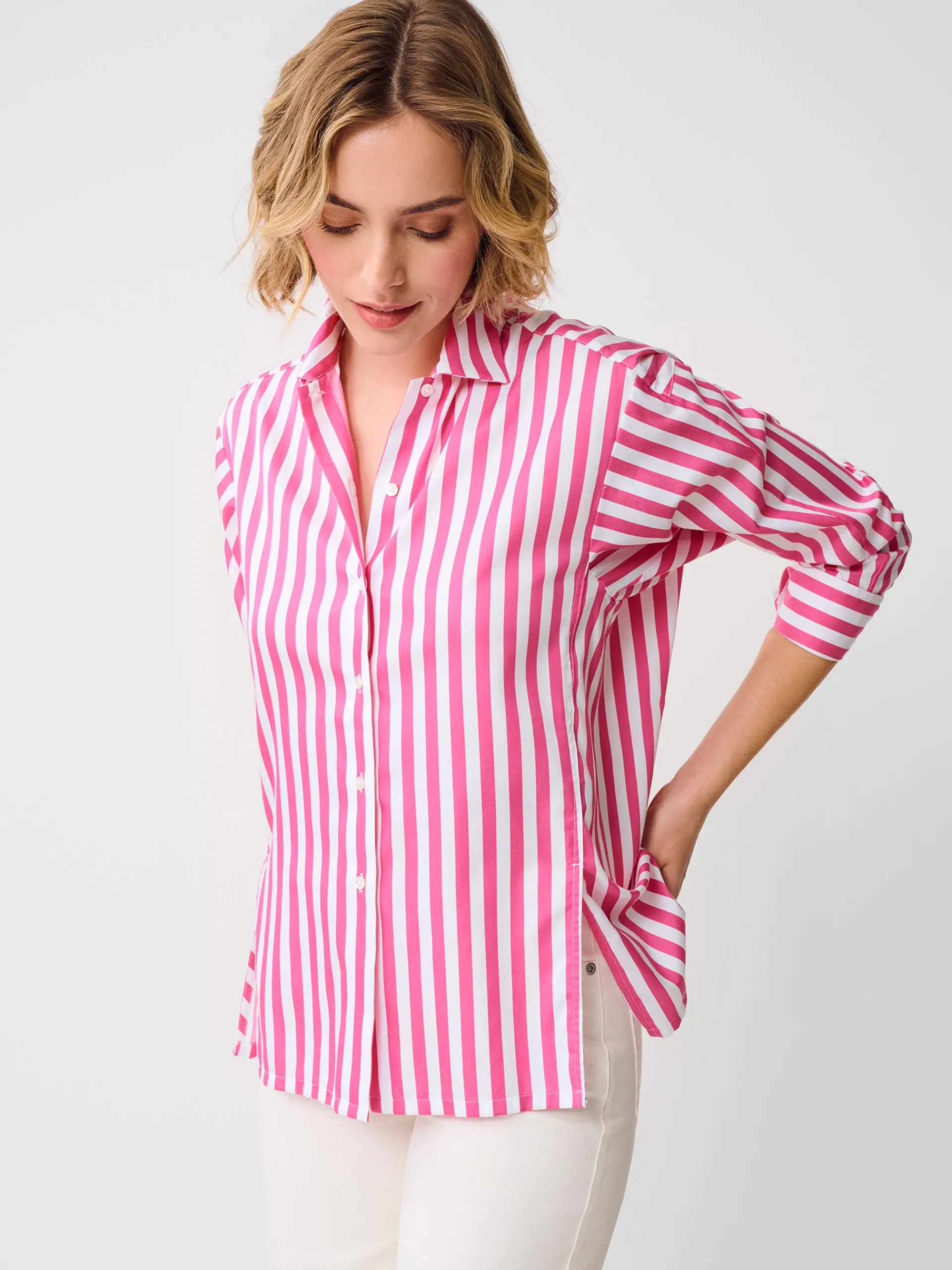 J.McLaughlin Alexis Shirt in Stripe Fuchsia/White Cheap