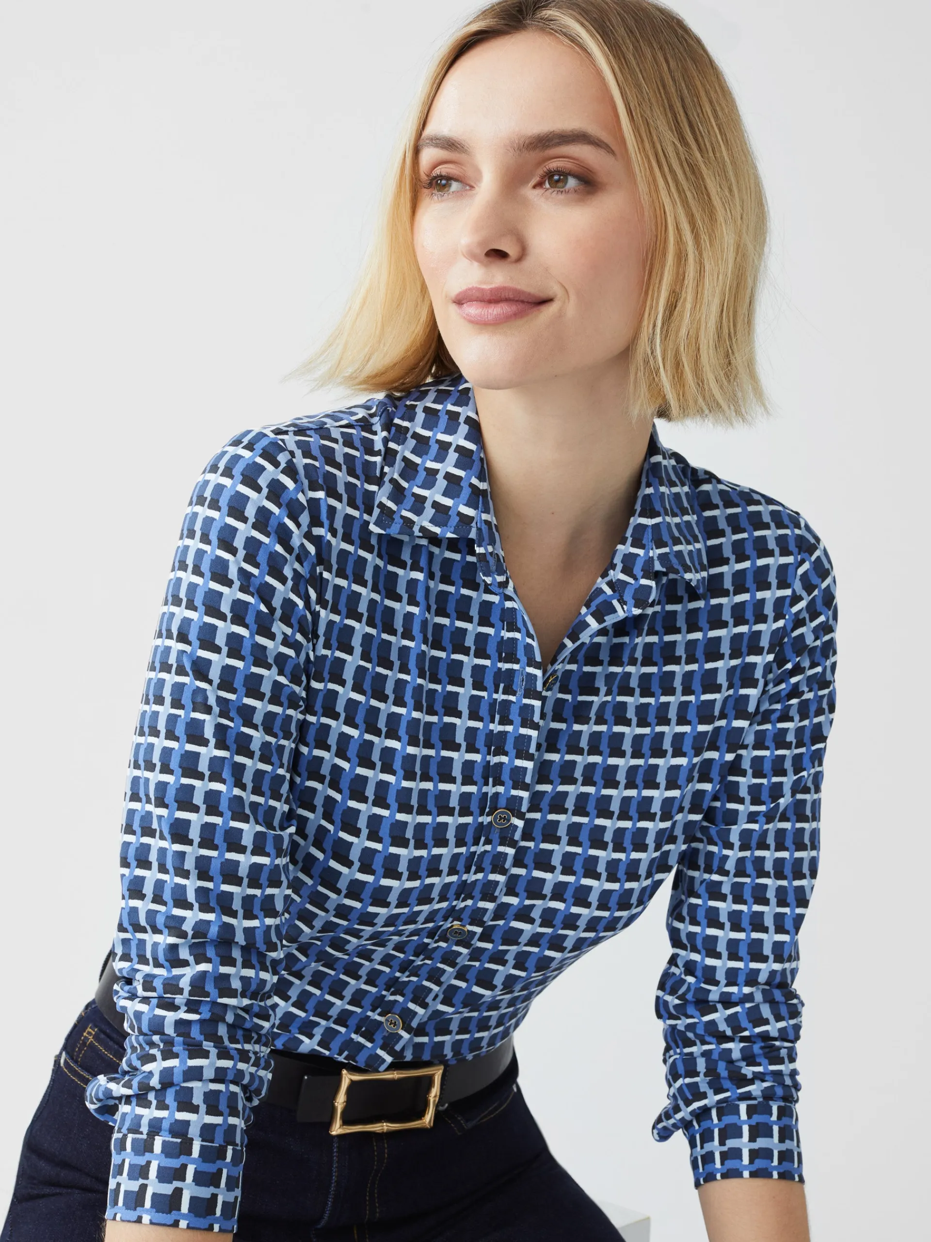 J.McLaughlin Betty Shirt in Marseilles Geo DarkBlue/Black Clearance
