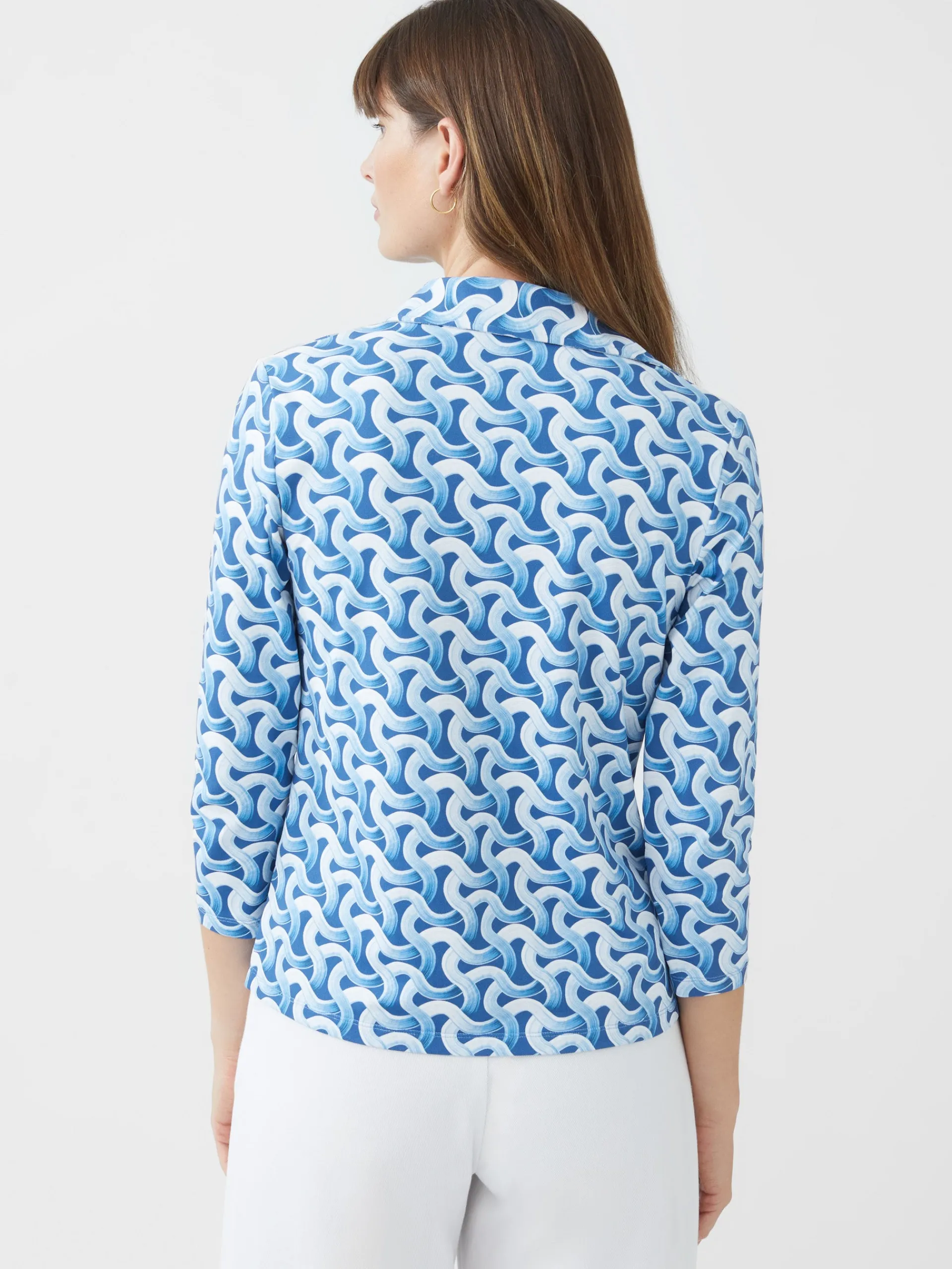 J.McLaughlin Cornelia 3/4 Sleeve Shirt in Mini Dream Weaver DarkBlue/Blue Store