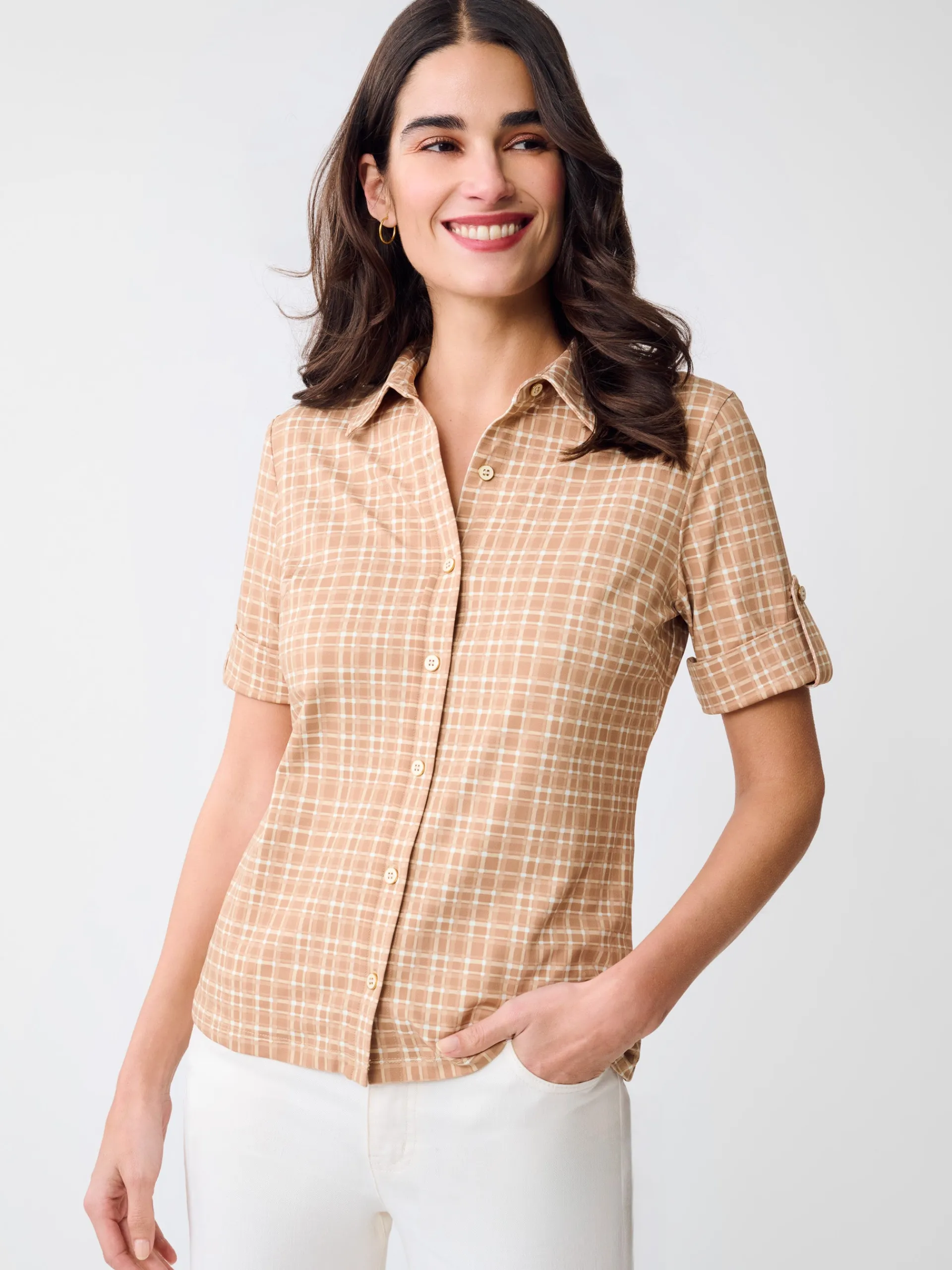J.McLaughlin Cornelia Shirt in Layered Lines Brown/Tan Discount