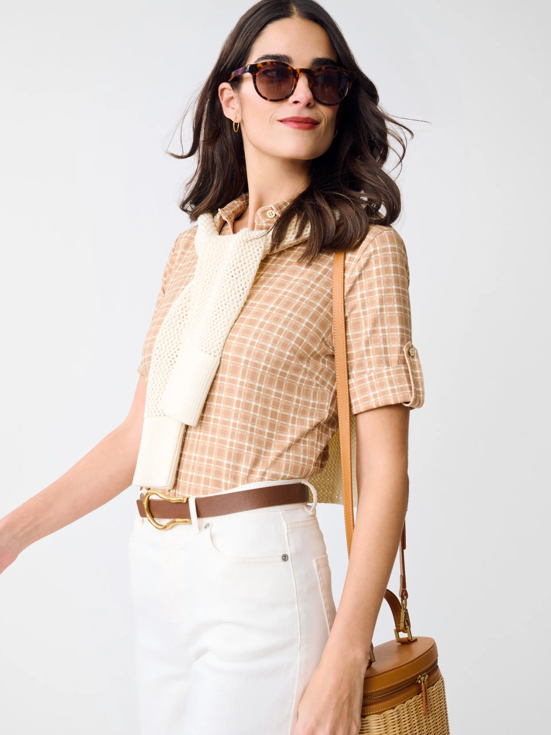 J.McLaughlin Cornelia Shirt in Layered Lines Brown/Tan Discount