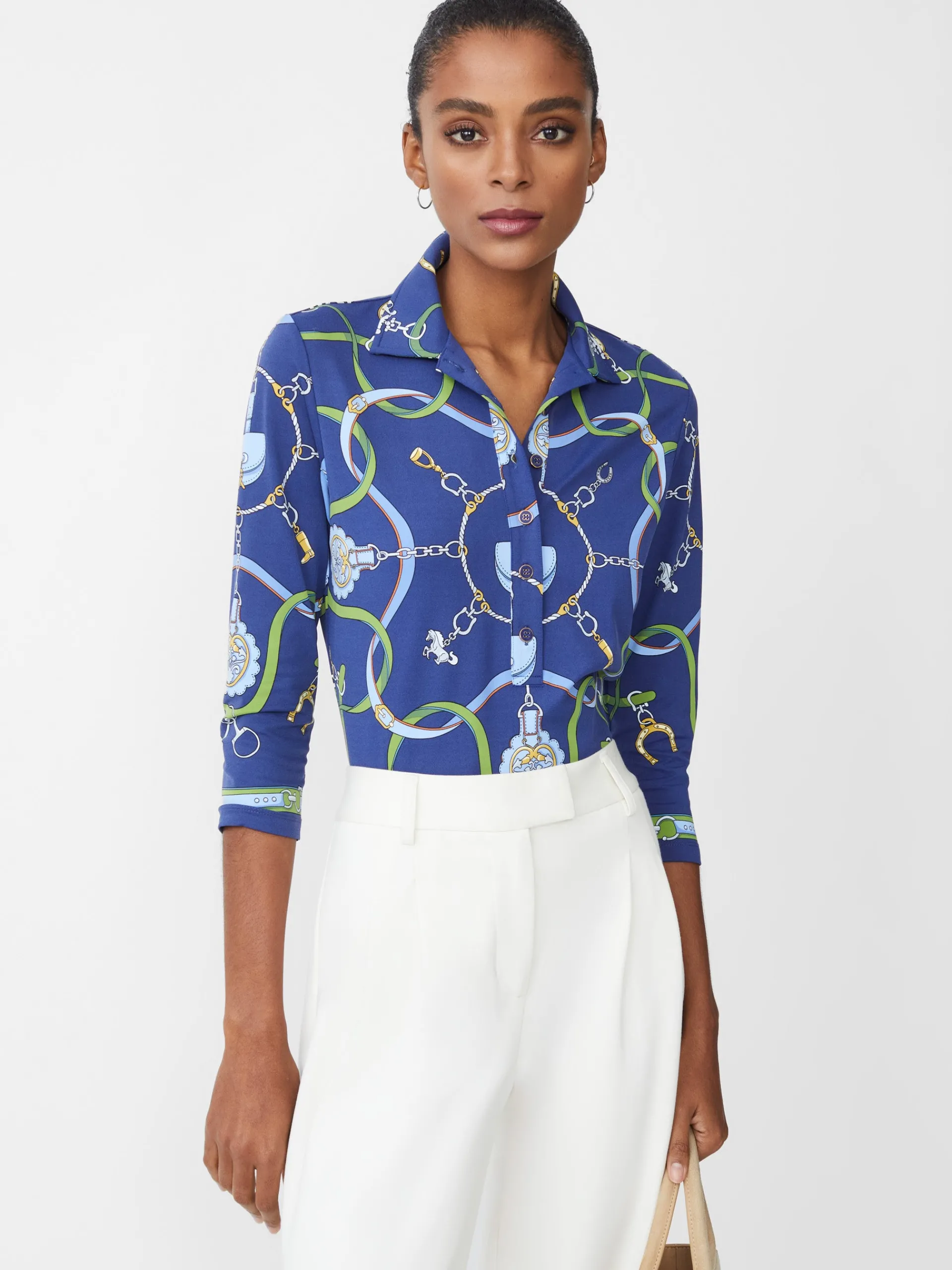 J.McLaughlin Court 3/4 Sleeve Polo in Fairfax Crest Navy/Green/Blue Flash Sale