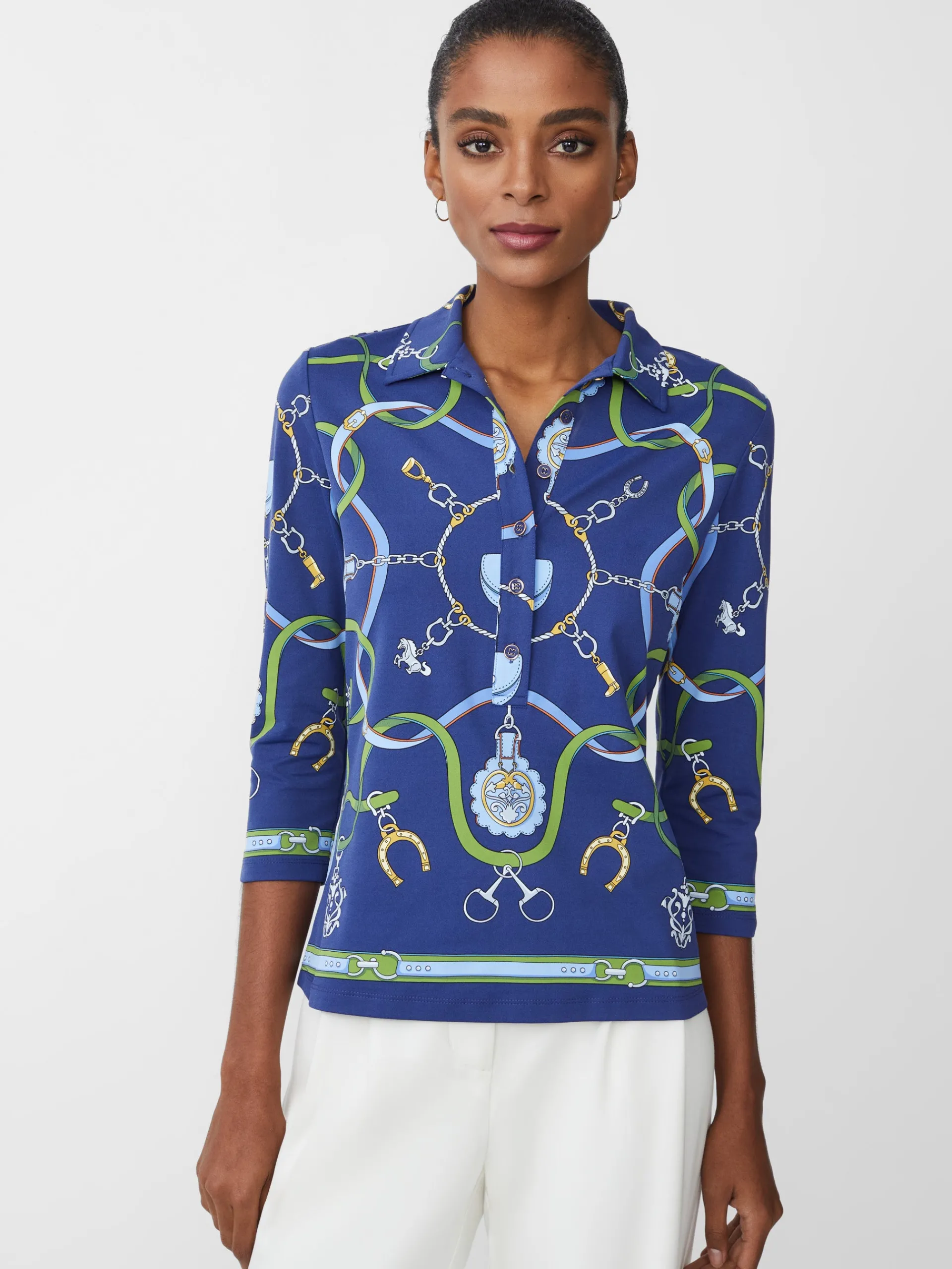 J.McLaughlin Court 3/4 Sleeve Polo in Fairfax Crest Navy/Green/Blue Flash Sale