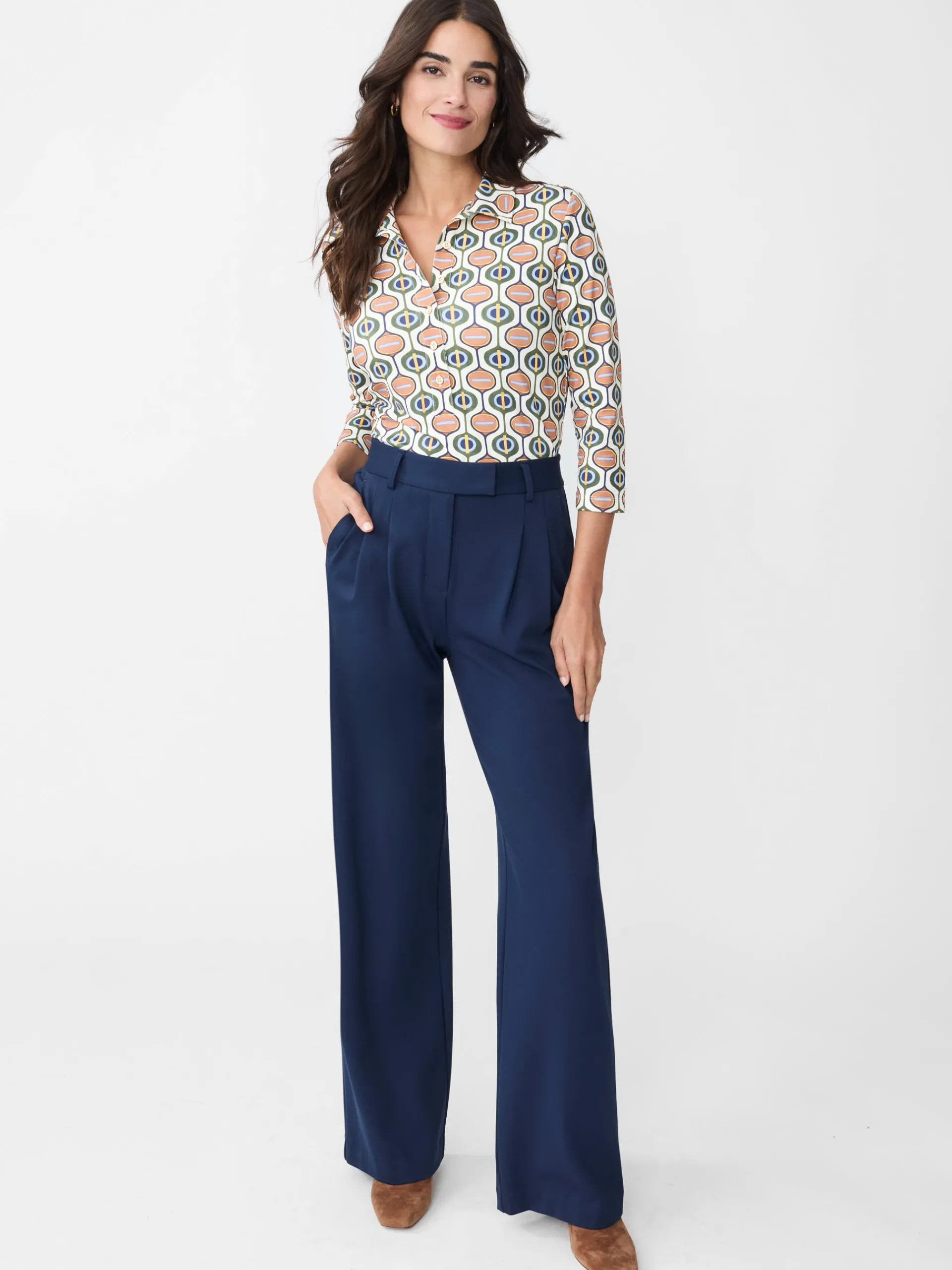 J.McLaughlin Court 3/4 Sleeve Polo in Mod Orbit Cream/Navy/Green Best Sale