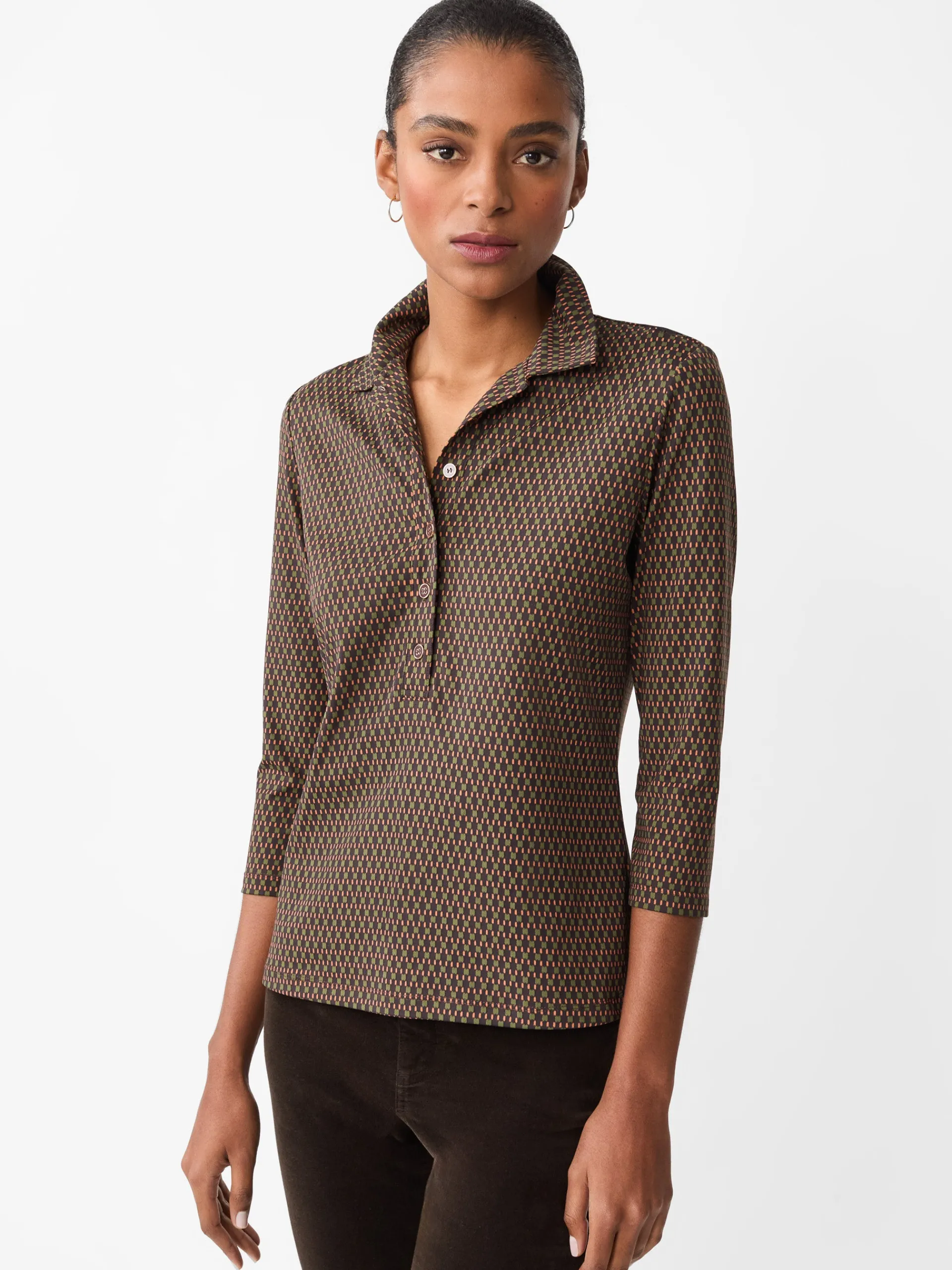 J.McLaughlin Court 3/4 Sleeve Polo in Rubiks Check Brown/Olive Clearance