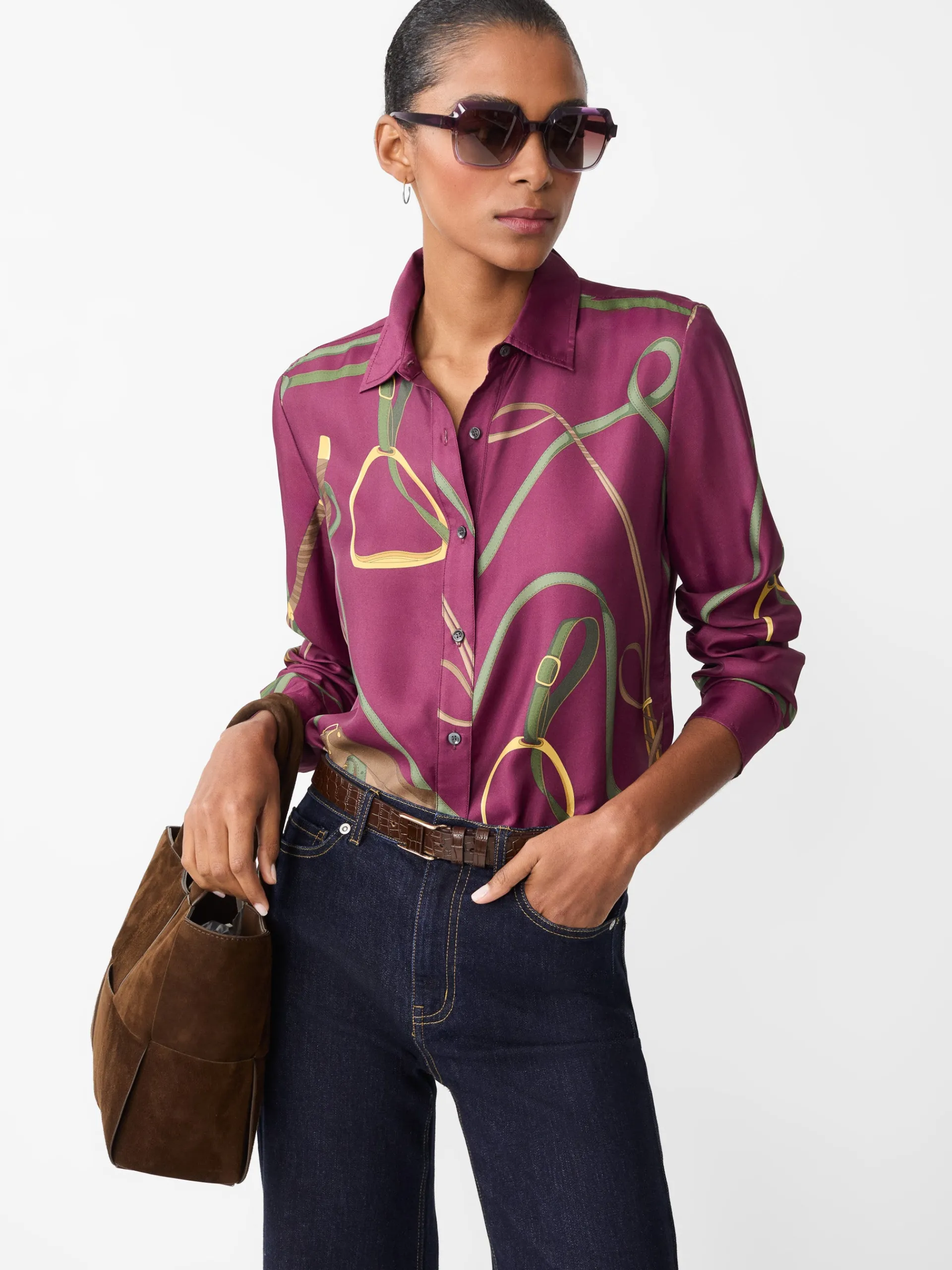 J.McLaughlin Denver Silk Blend Shirt in Modern Palomino Burgundy/Olive Clearance