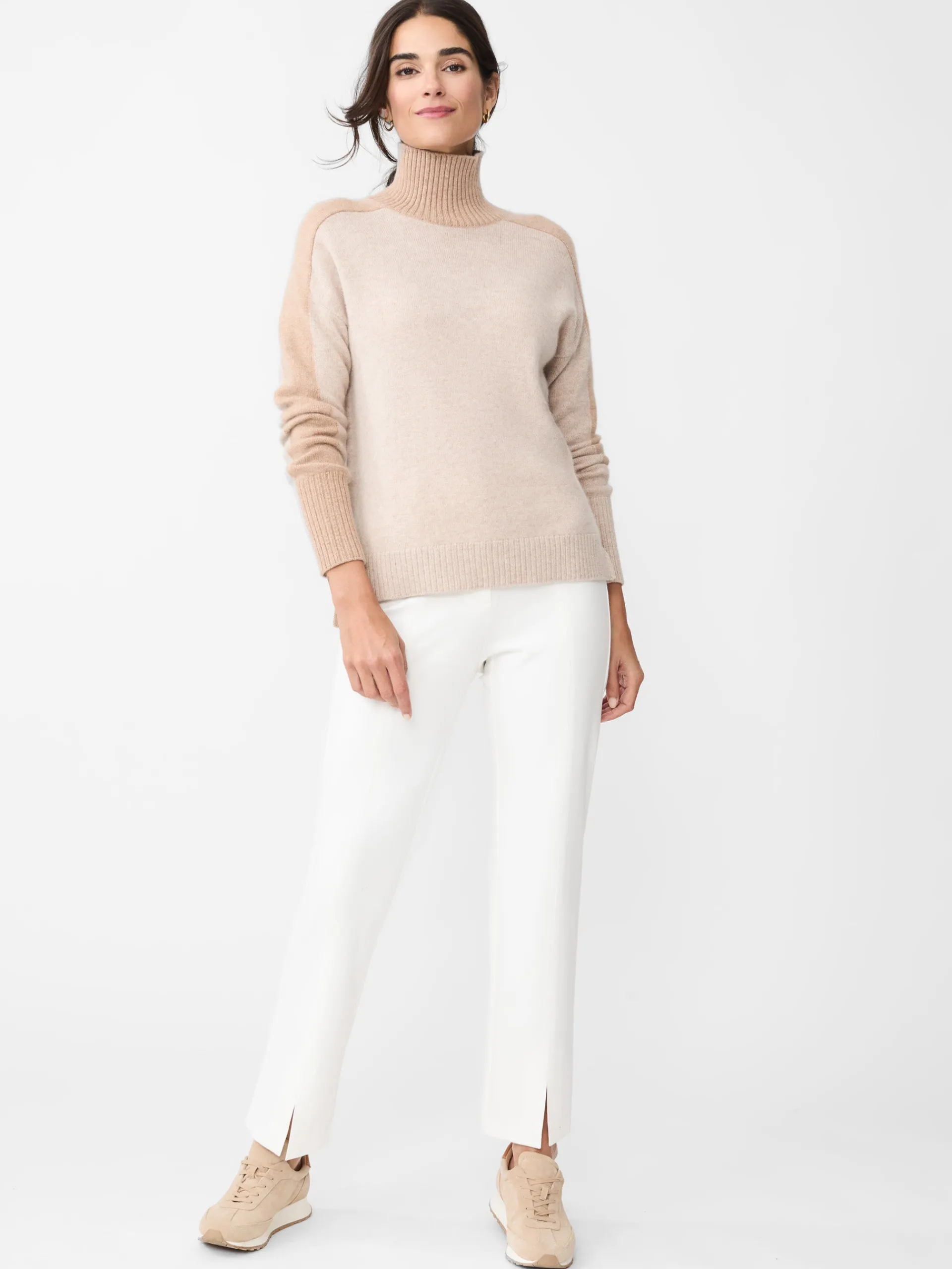 J.McLaughlin Dina Cashmere Turtleneck in Color Block HeatherOatmeal/Camel Cheap