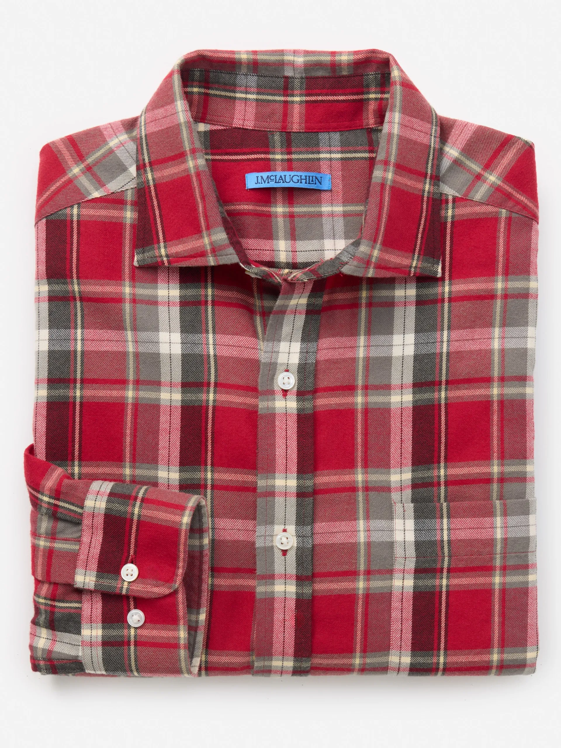 J.McLaughlin Dobson Classic Fit Flannel Shirt in Plaid Red/Black/White Clearance