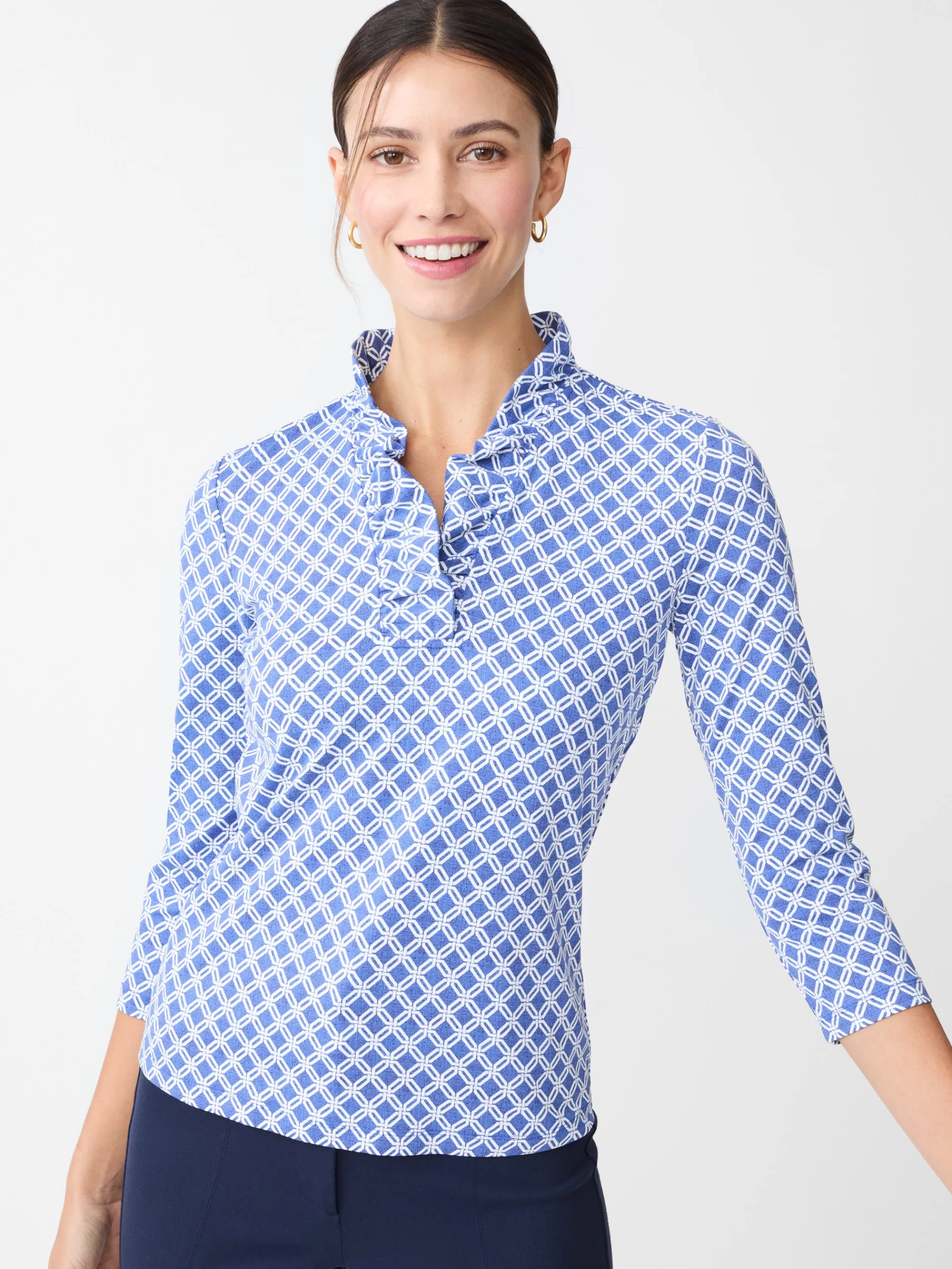 J.McLaughlin Durham Ruffle Top in Happy Hour DarkBlue/White Outlet