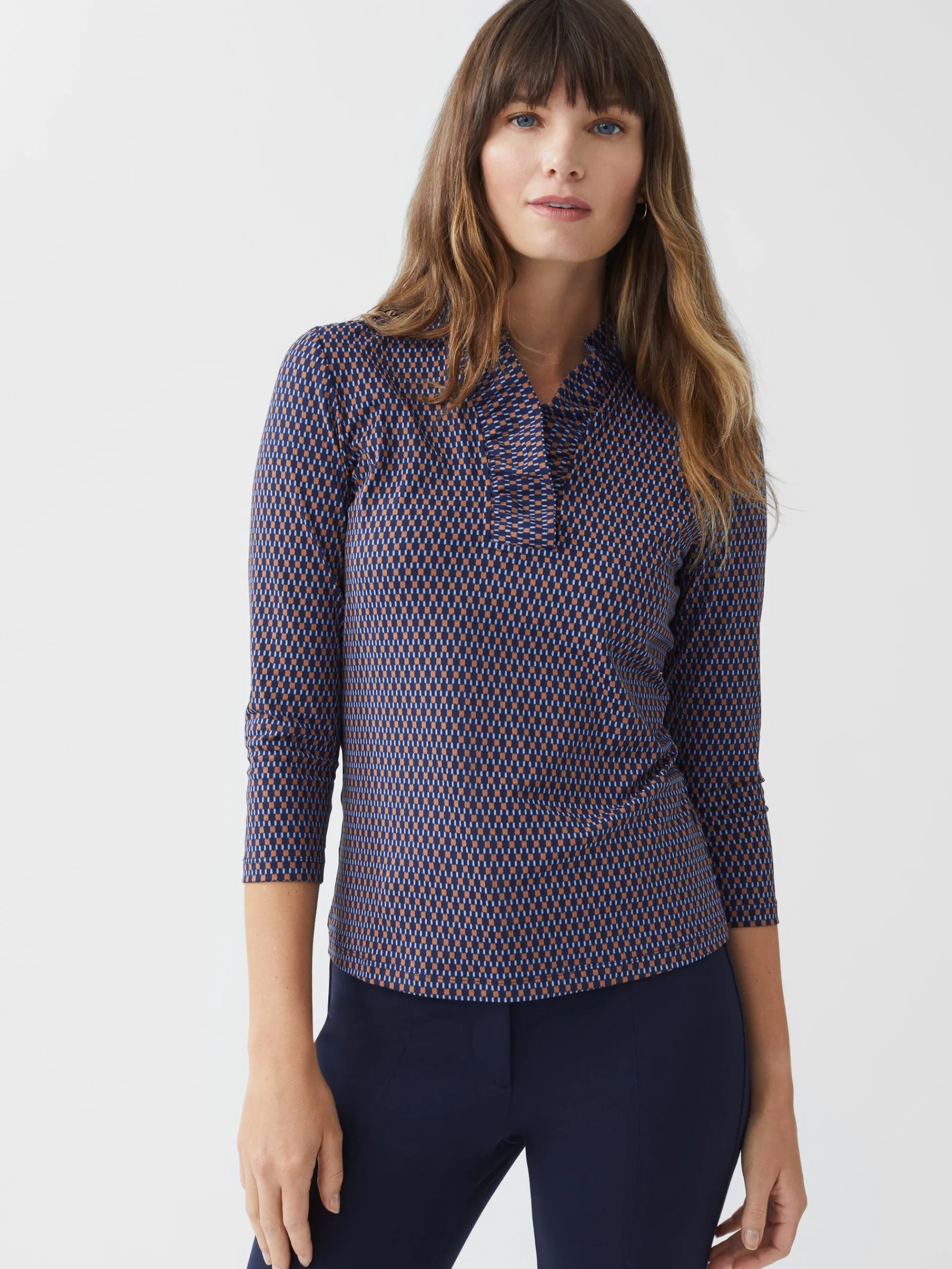 J.McLaughlin Durham Ruffle Top in Rubiks Check Navy/Brown Cheap