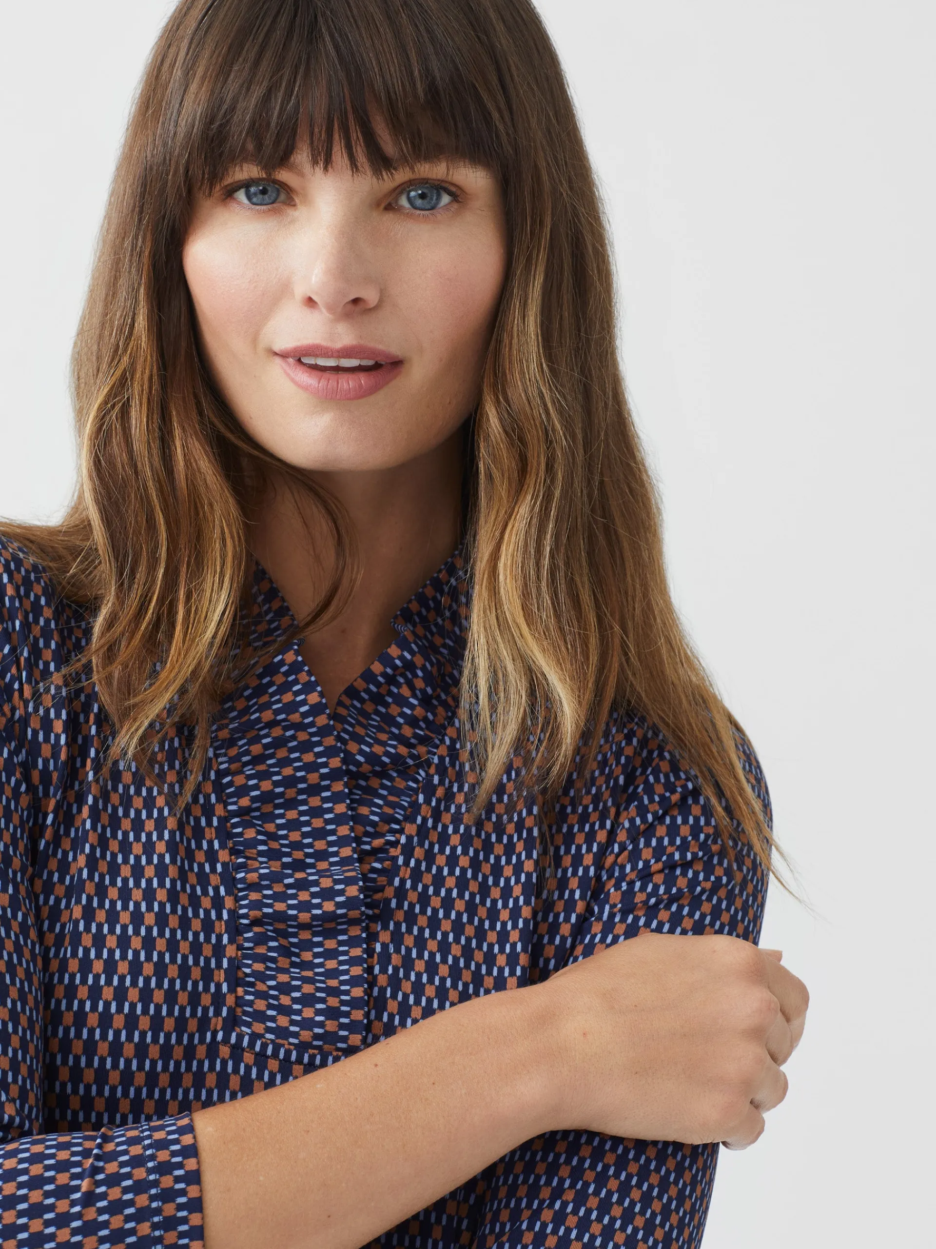 J.McLaughlin Durham Ruffle Top in Rubiks Check Navy/Brown Cheap