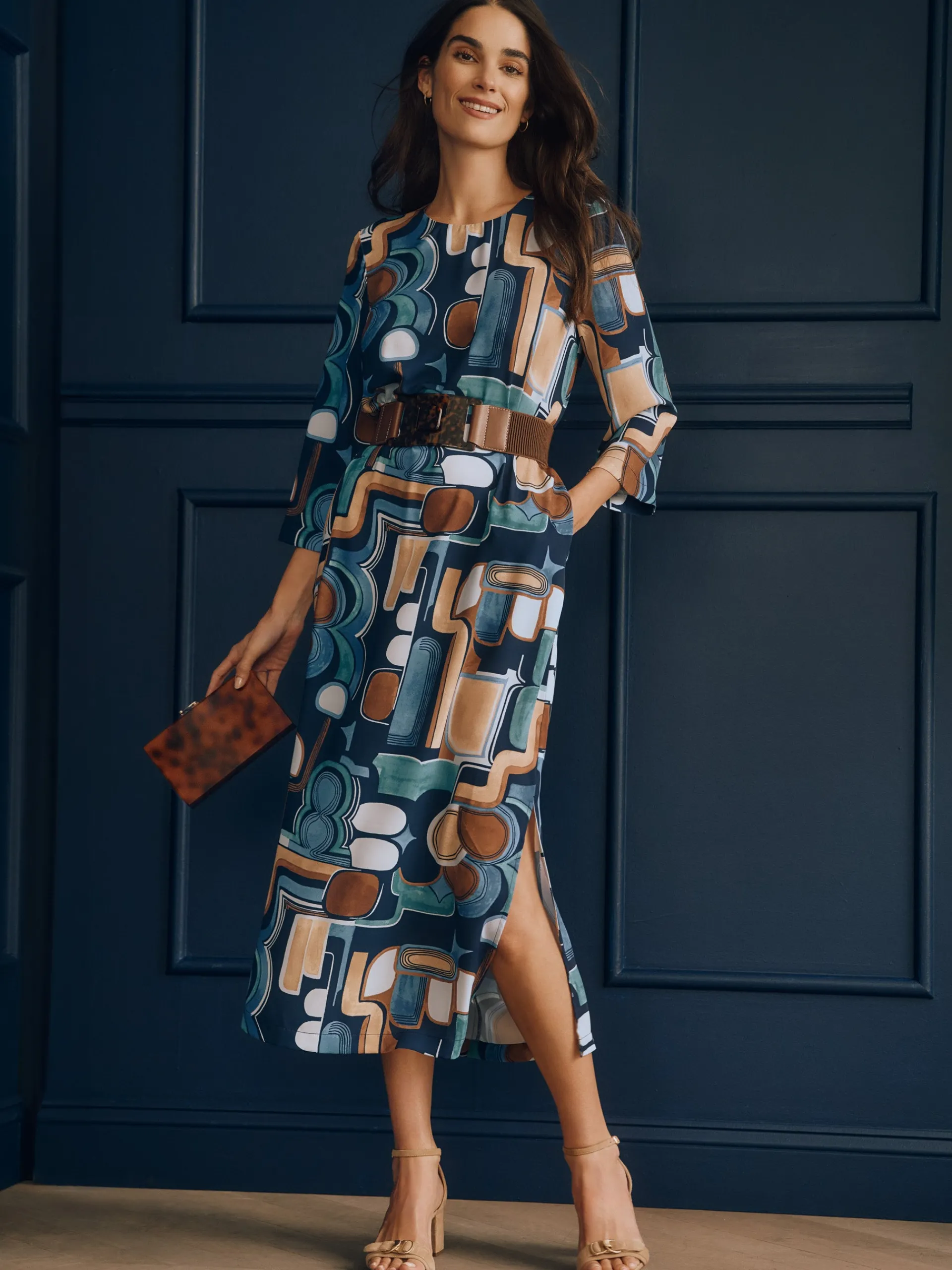 J.McLaughlin Eldridge Dress in Midi Abstract Expressionism Navy/Brown/Aqua Best