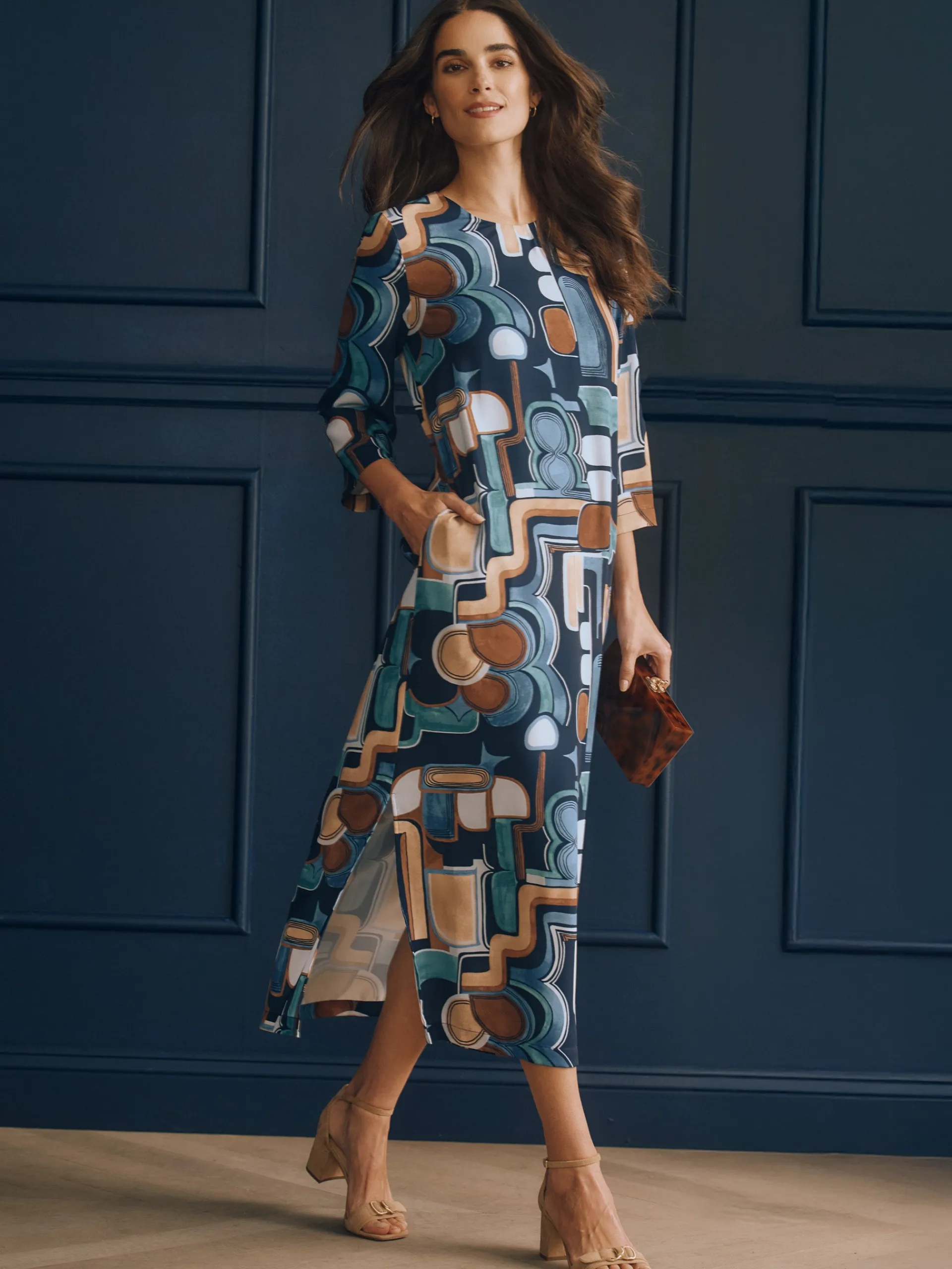 J.McLaughlin Eldridge Dress in Midi Abstract Expressionism Navy/Brown/Aqua Best