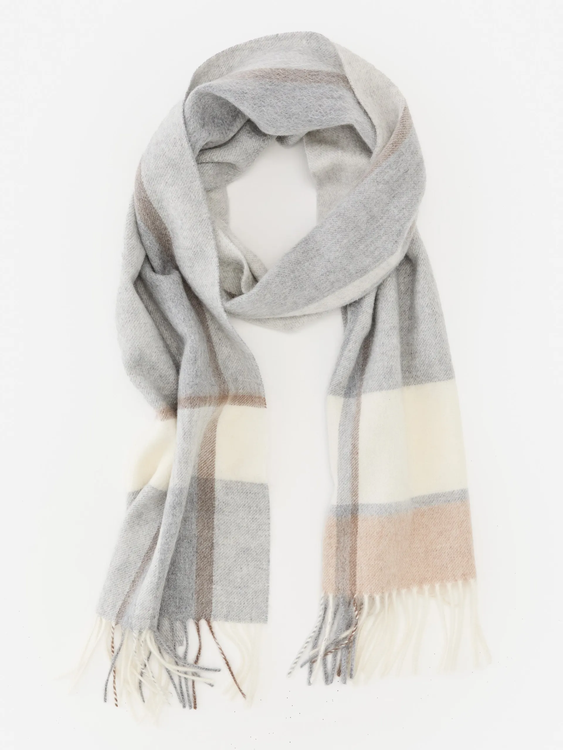 J.McLaughlin Fassa Cashmere Scarf in Plaid Gray/Oatmeal Sale