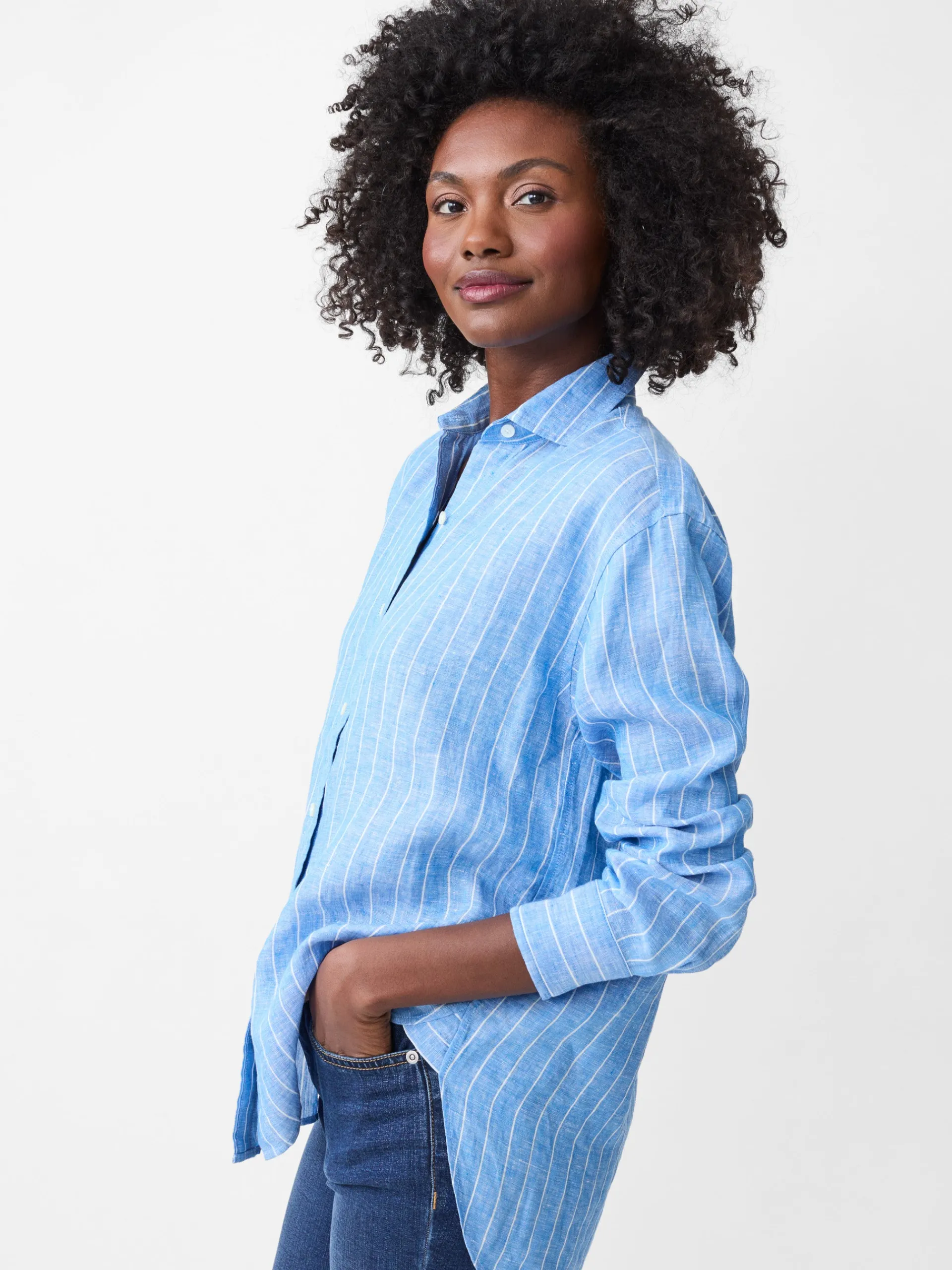 J.McLaughlin Finn Linen Shirt in Stripe Blue/White Discount