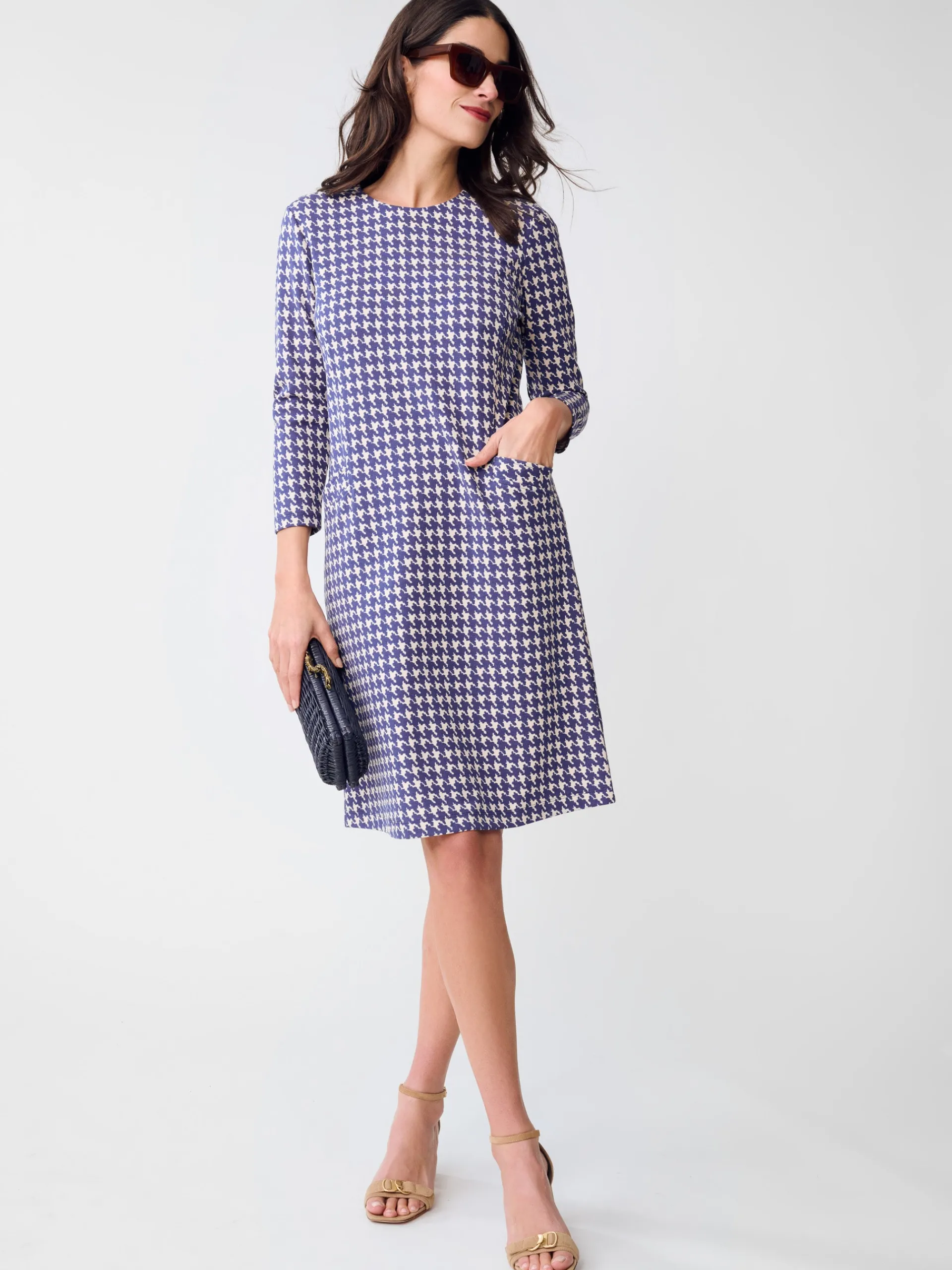 J.McLaughlin Georgiana Dress in Mini Paris Houndstooth Navy/Cream Sale