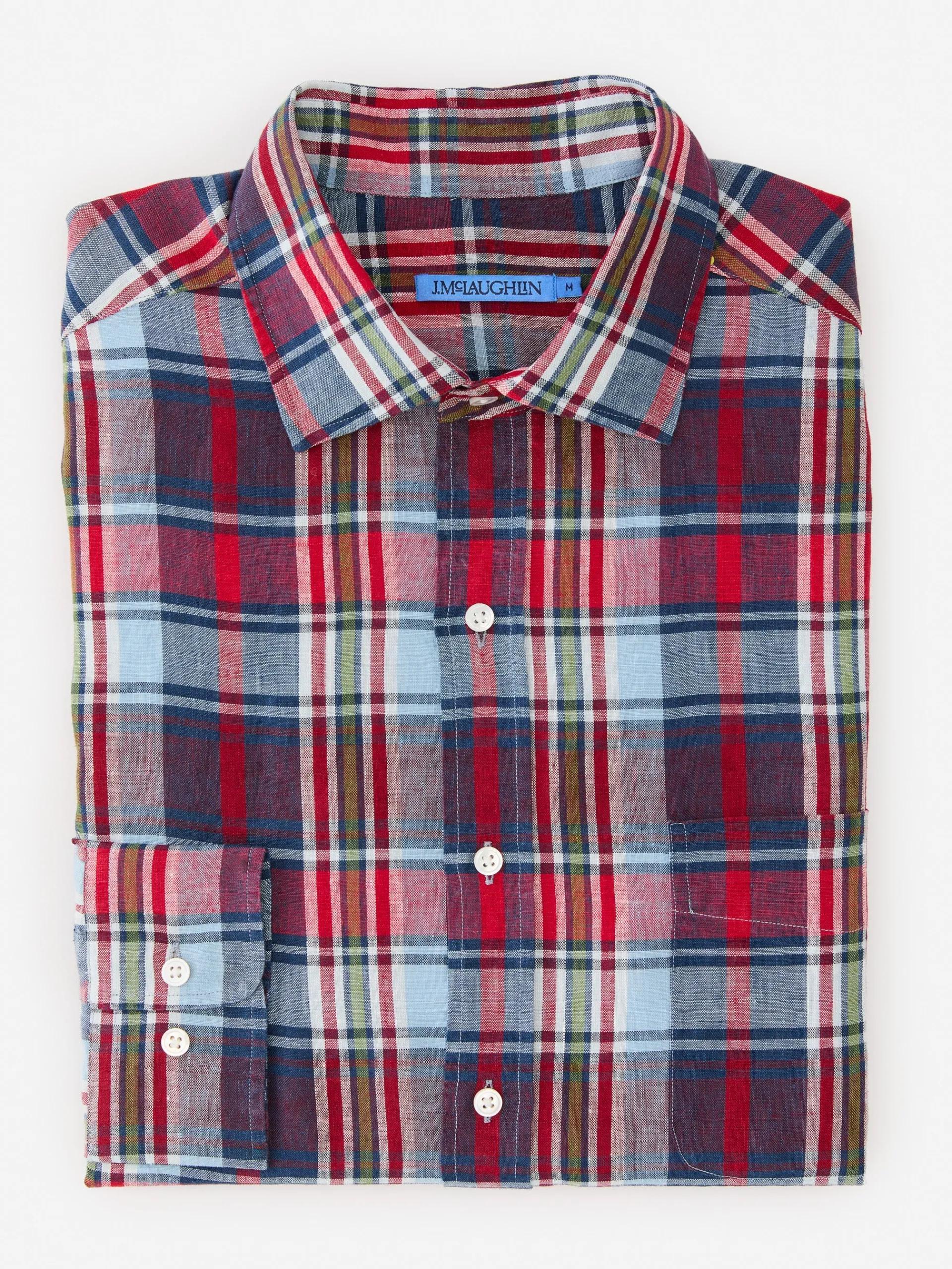 J.McLaughlin Gramercy Classic Fit Linen Shirt in Plaid Red/Blue/White Sale