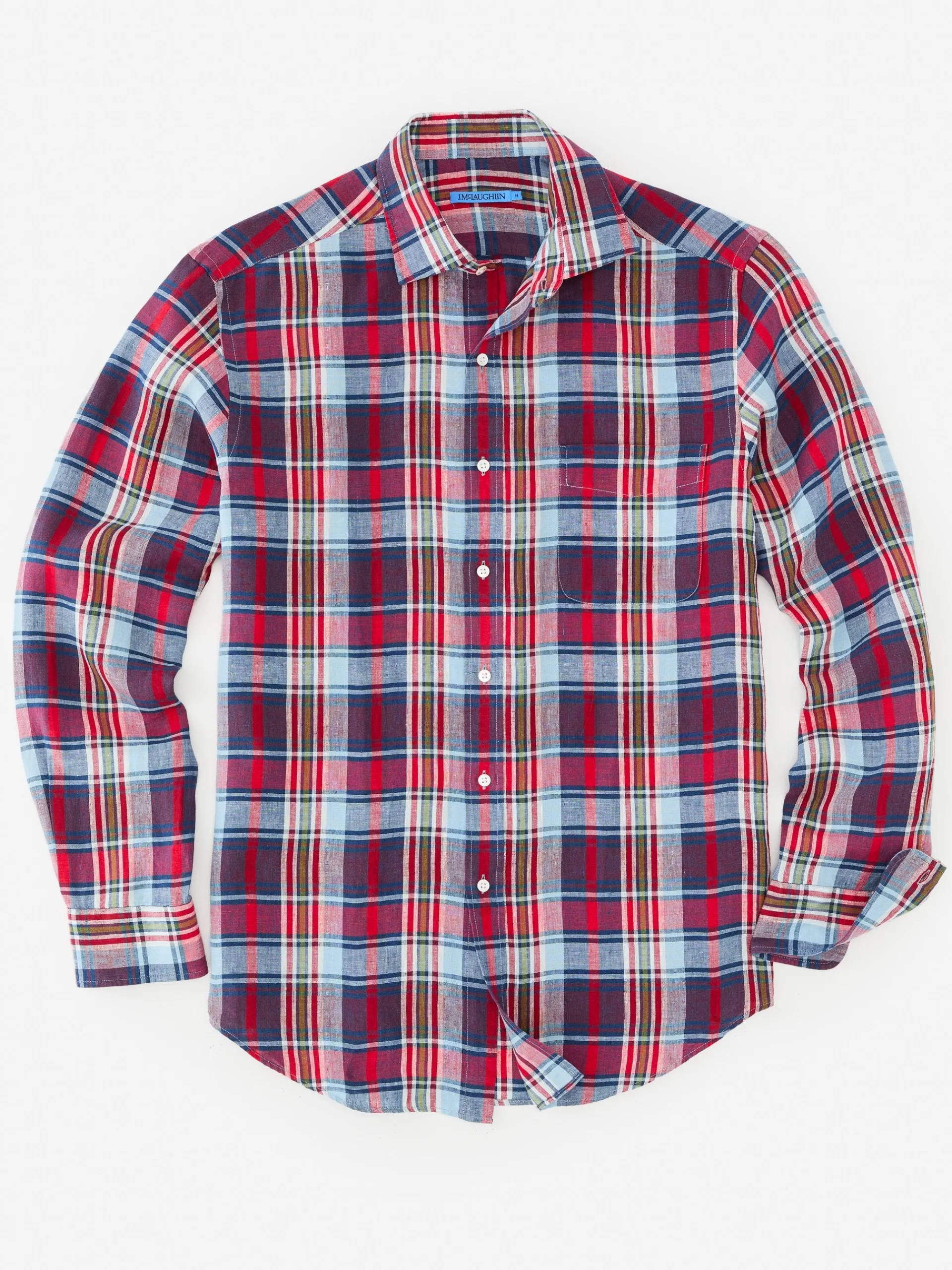 J.McLaughlin Gramercy Classic Fit Linen Shirt in Plaid Red/Blue/White Sale