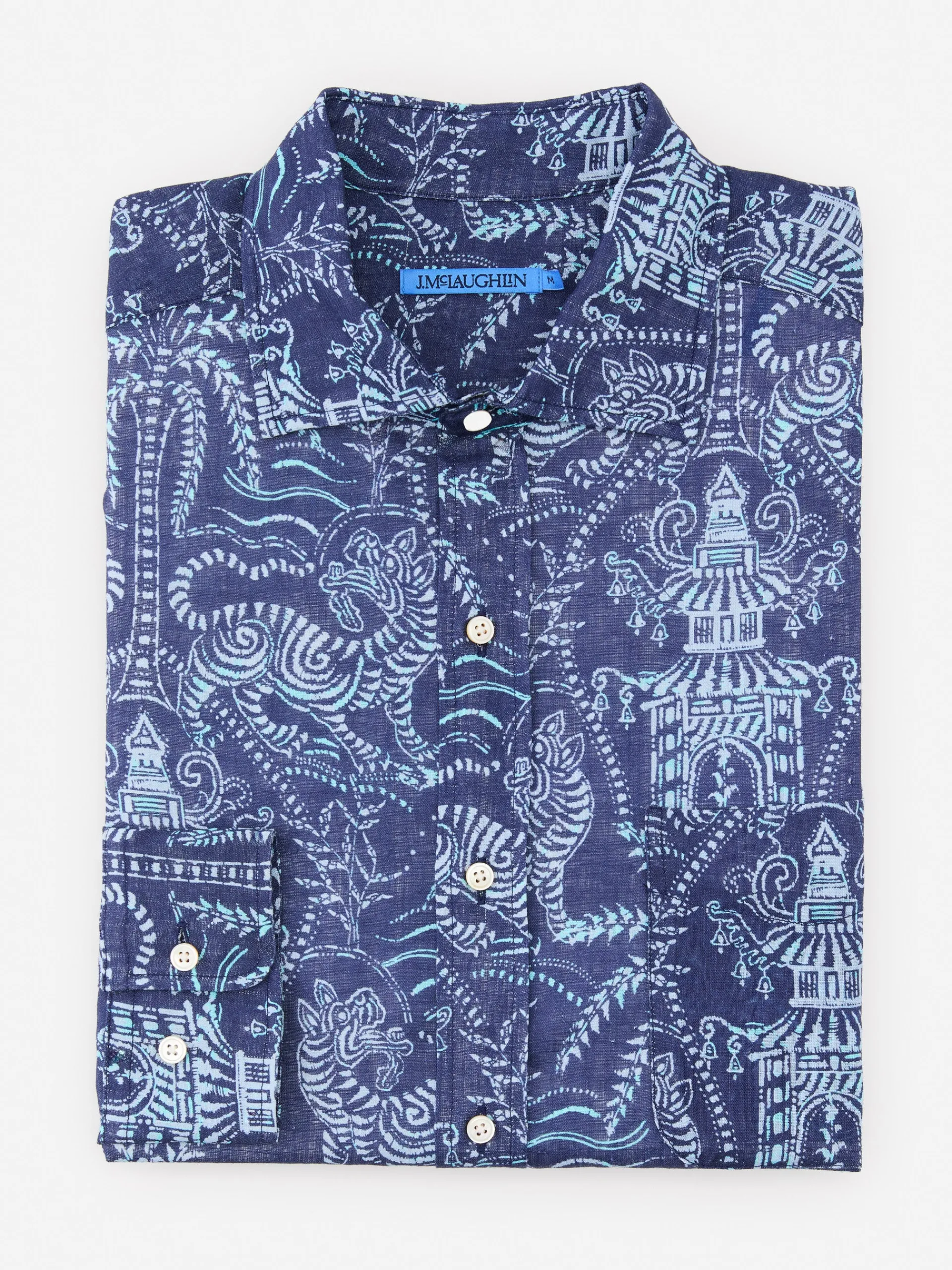 J.McLaughlin Gramercy Classic Fit Linen Shirt in Tiger Damask Navy/Blue New