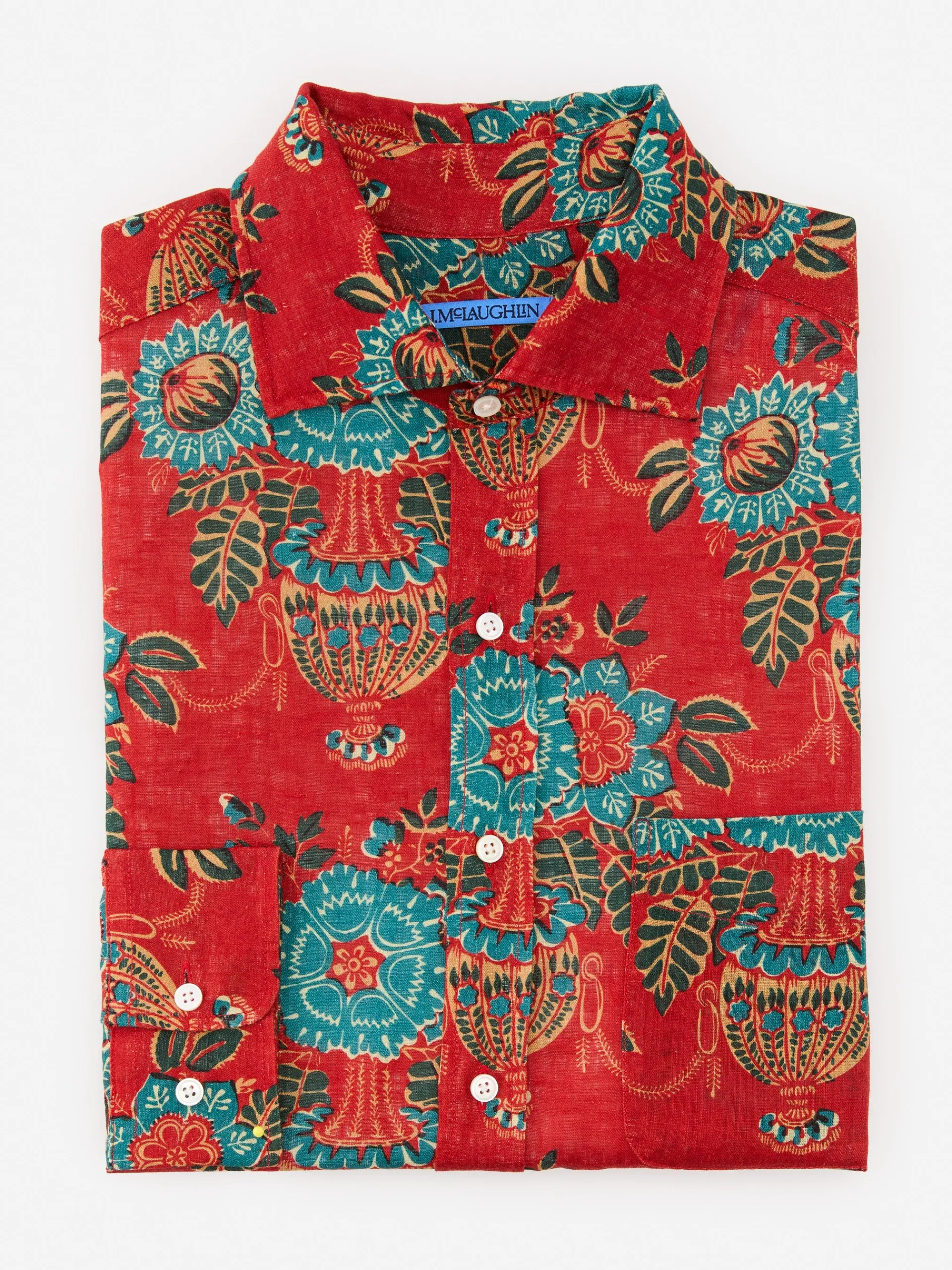 J.McLaughlin Gramercy Classic Fit Linen Shirt in Vintage Bouquet Red/Multi Store