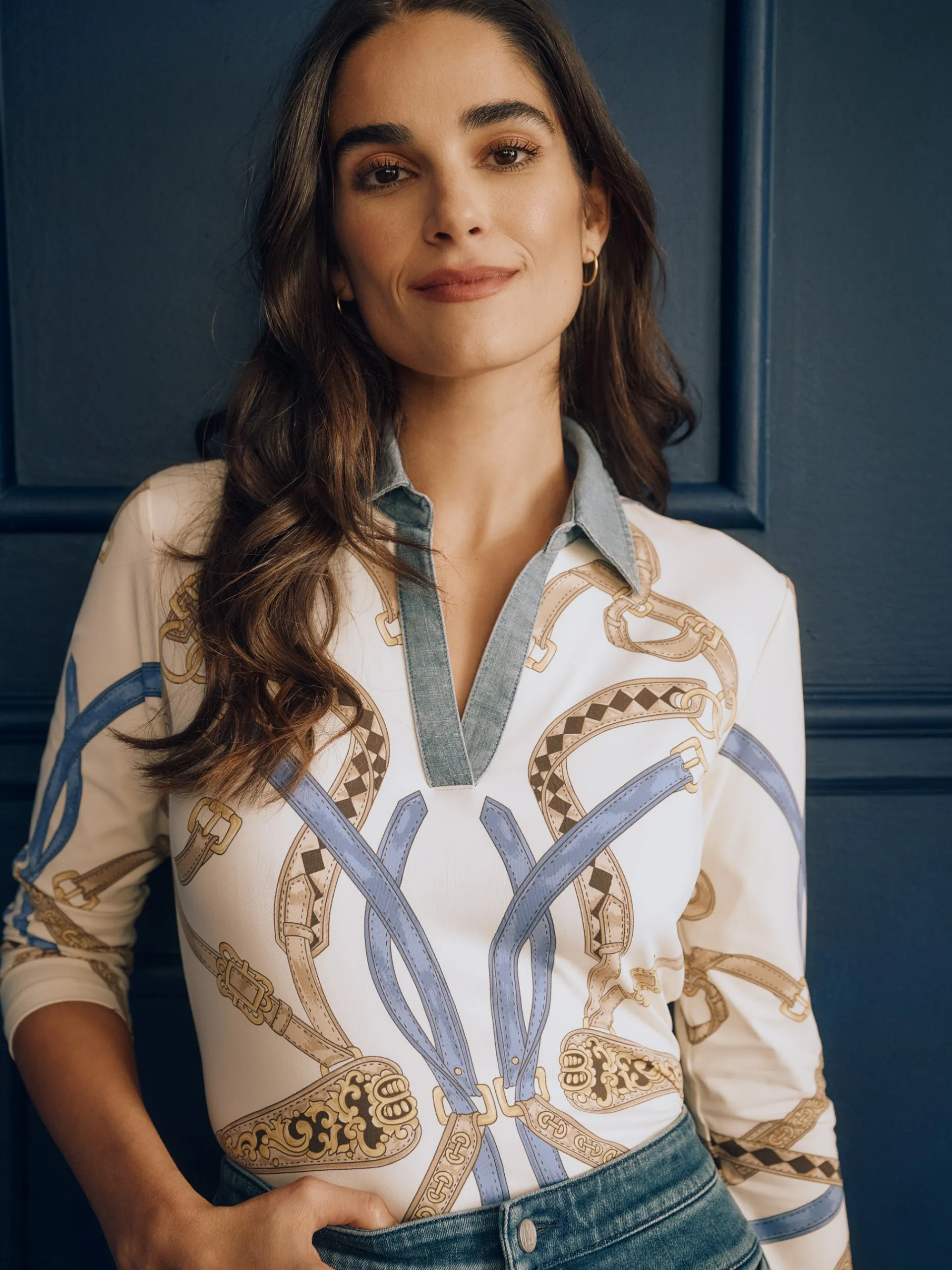 J.McLaughlin Greens 3/4 Sleeve Polo in Chevalier OffWhite/Blue/Coffee Flash Sale