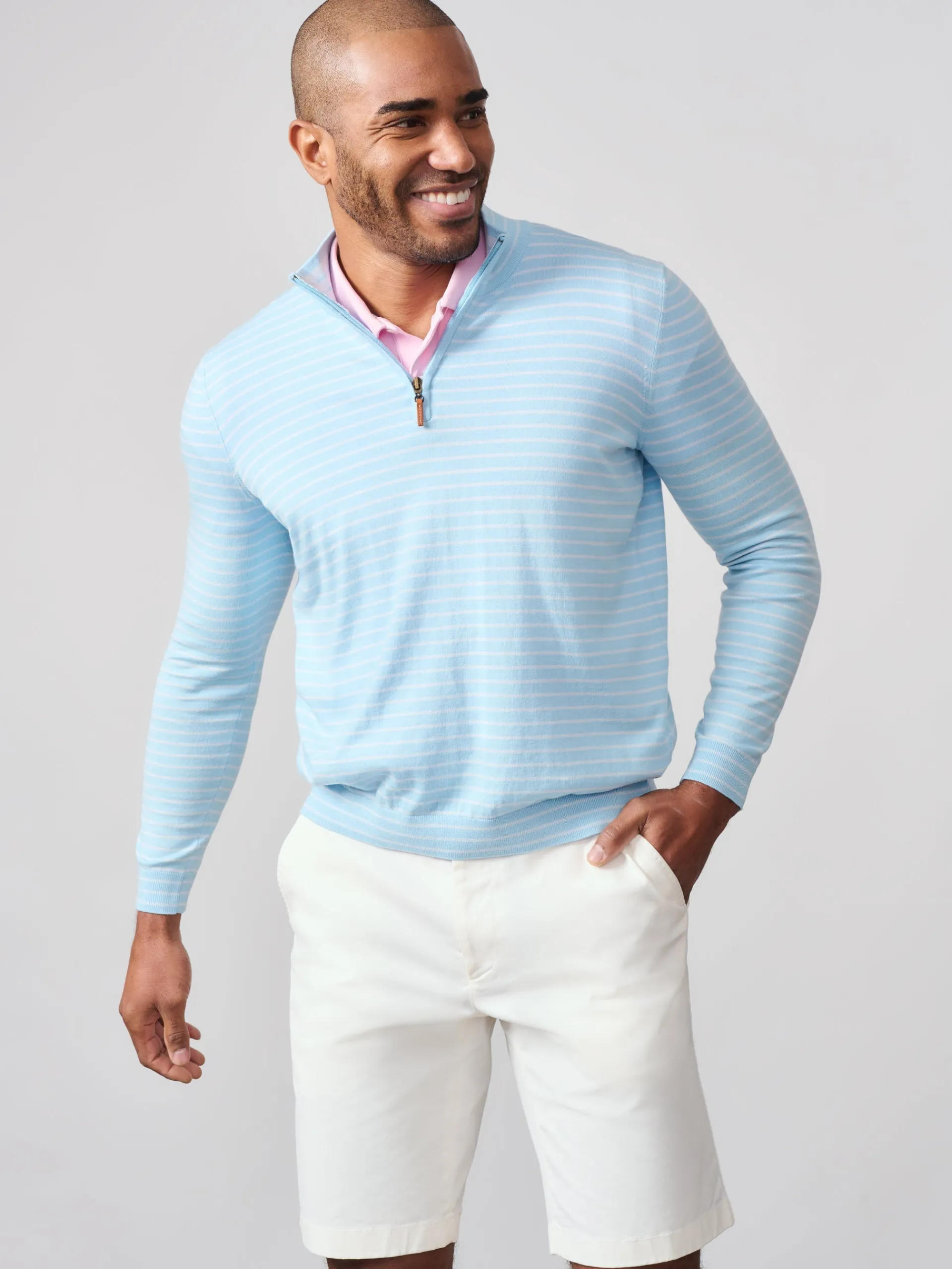 J.McLaughlin Justin 1/4 Zip Sweater in Stripe LightBlue/BlueTonal Discount