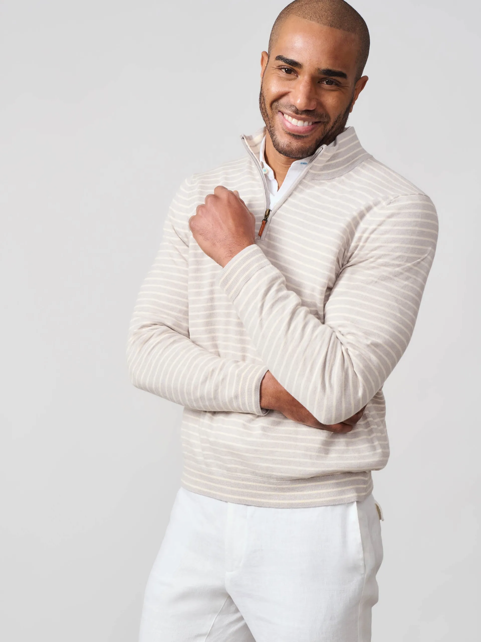 J.McLaughlin Justin 1/4 Zip Sweater in Stripe LightGrey/White Online