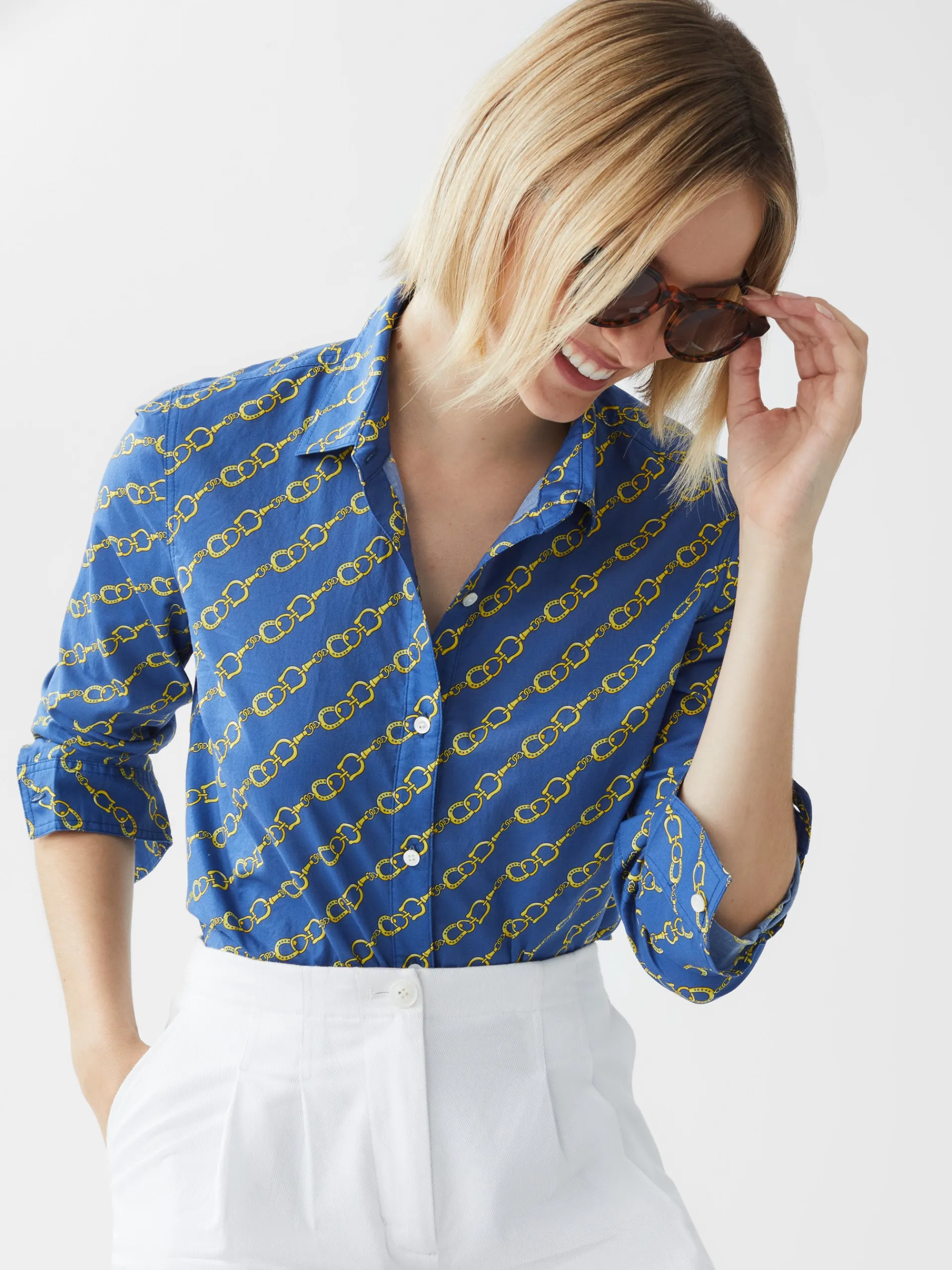 J.McLaughlin Lois Shirt in Bridle Crest MediumBlue/Gold Cheap
