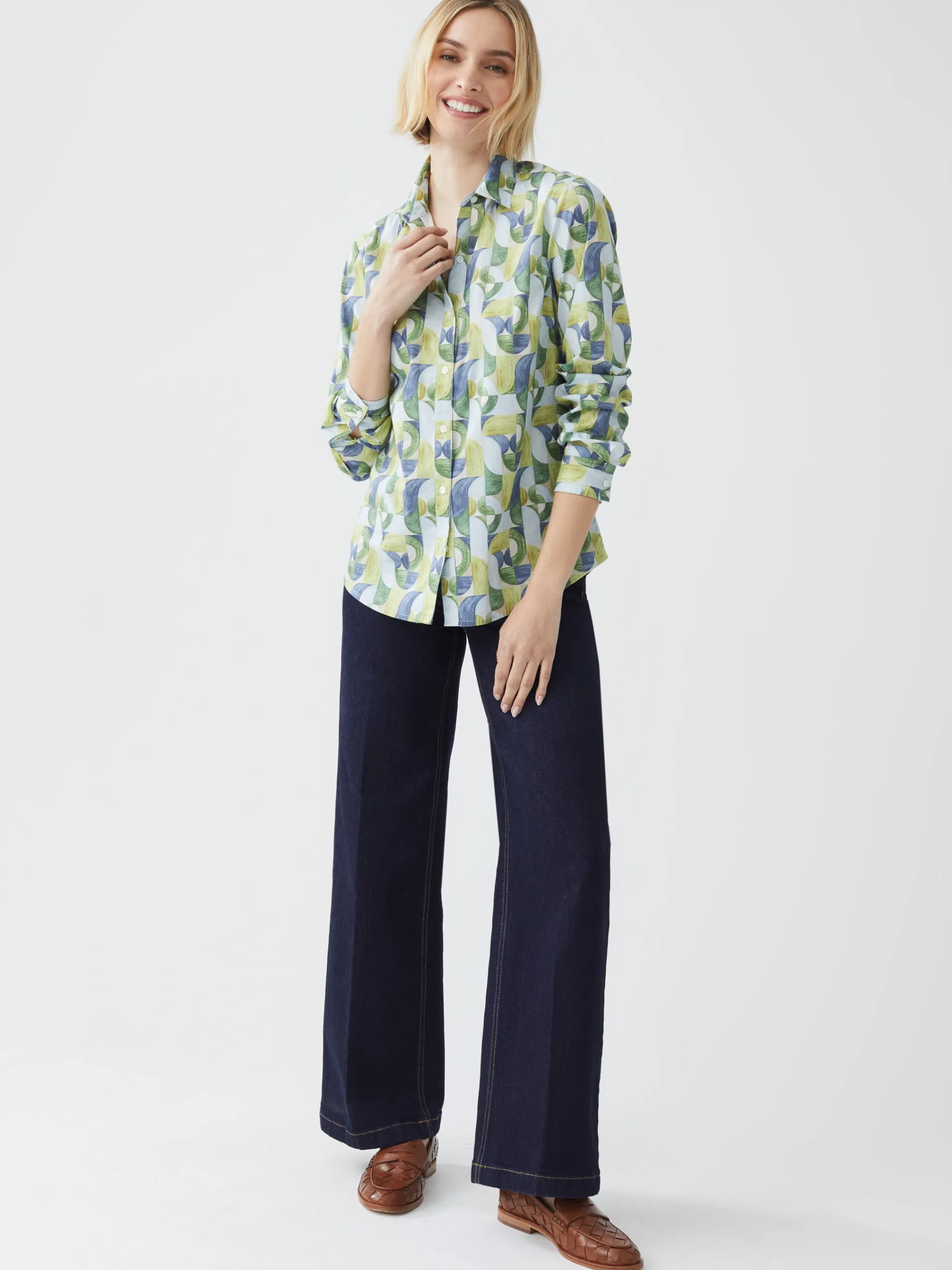 J.McLaughlin Lois Shirt in Mini Geometric Harmony LightBlue/Green/Navy Online