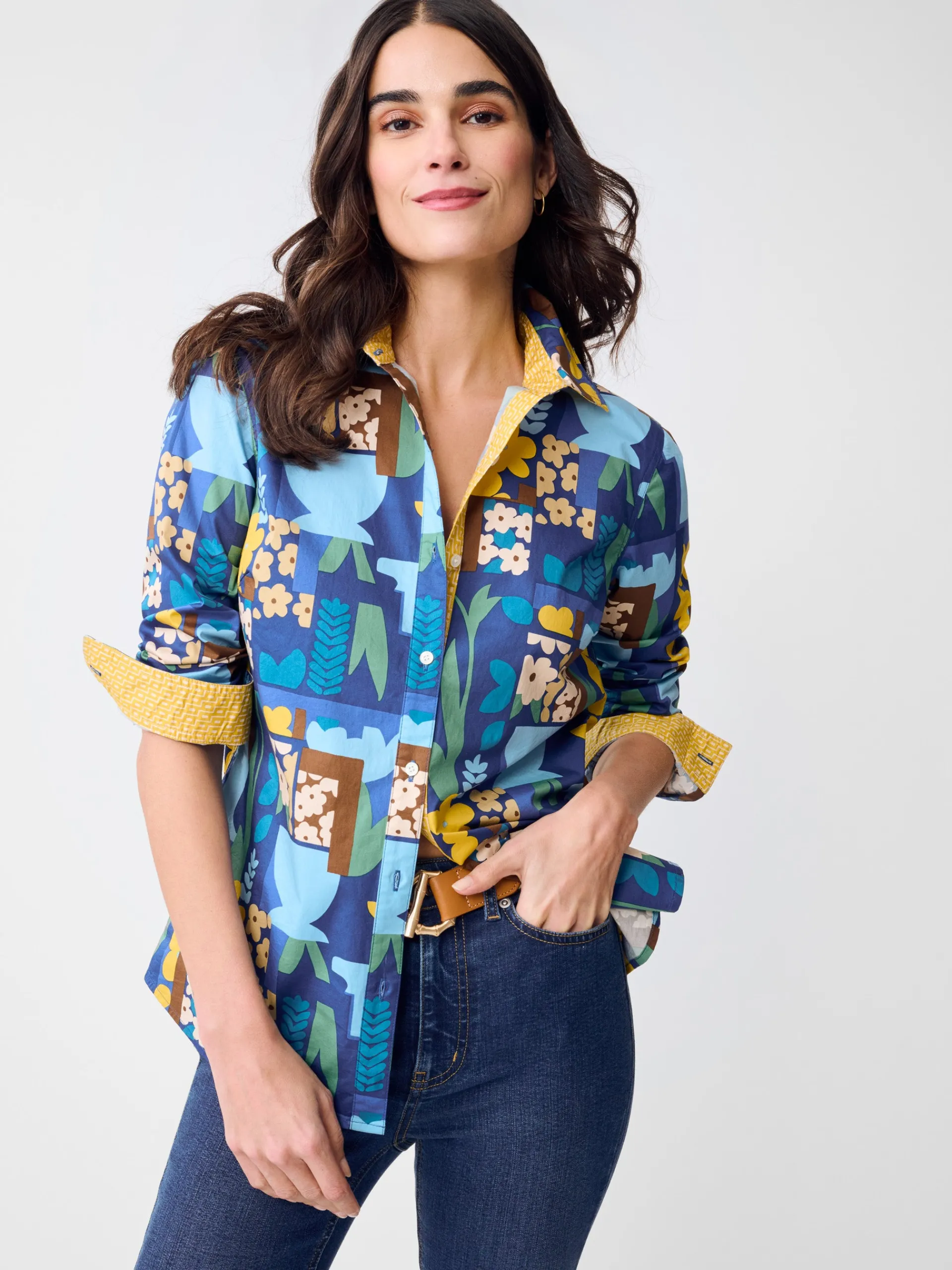 J.McLaughlin Lois Shirt in Paper Garden Geo Blue/Multi Clearance