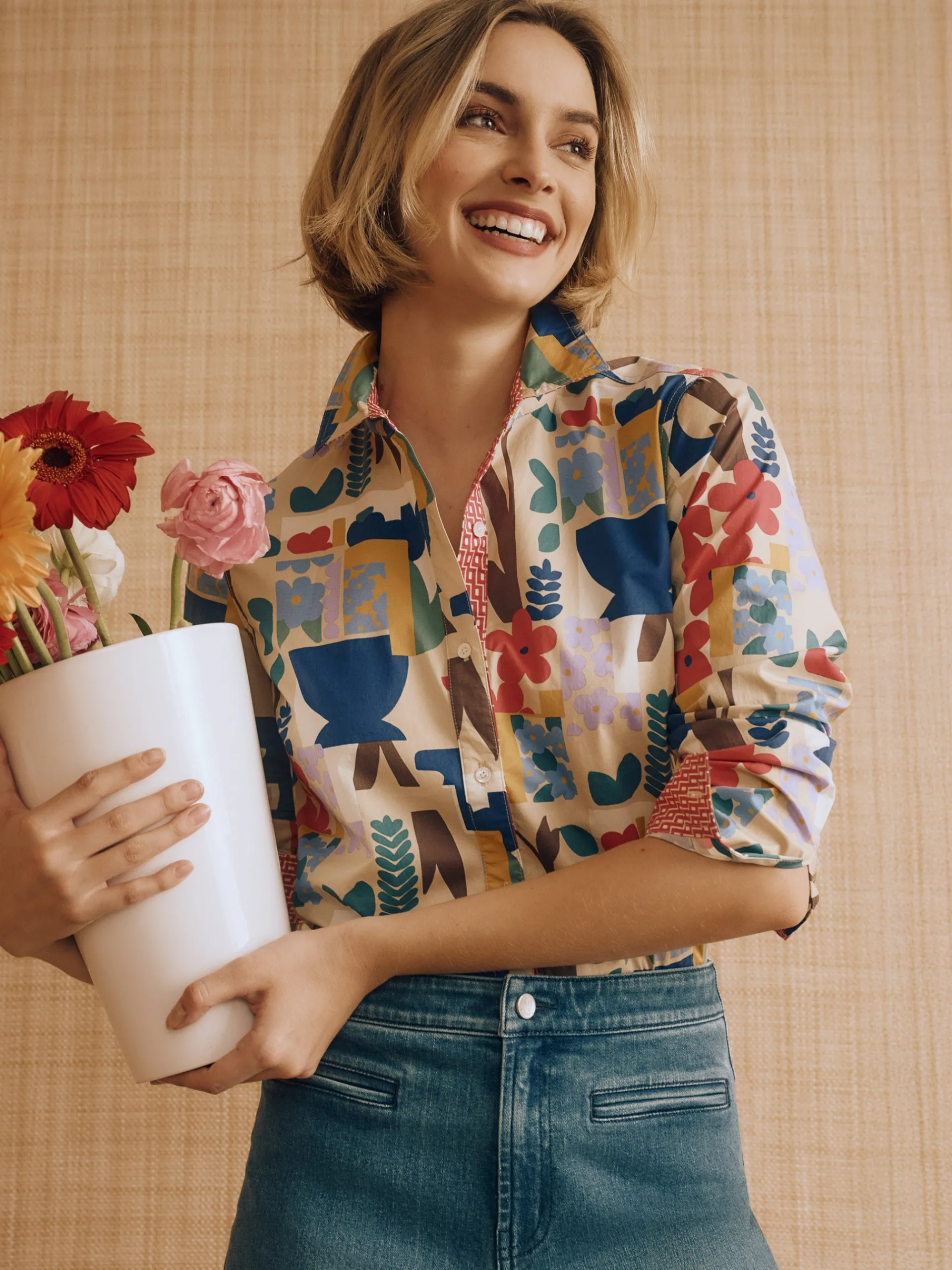 J.McLaughlin Lois Shirt in Paper Garden Geo OffWhite/Multi Cheap