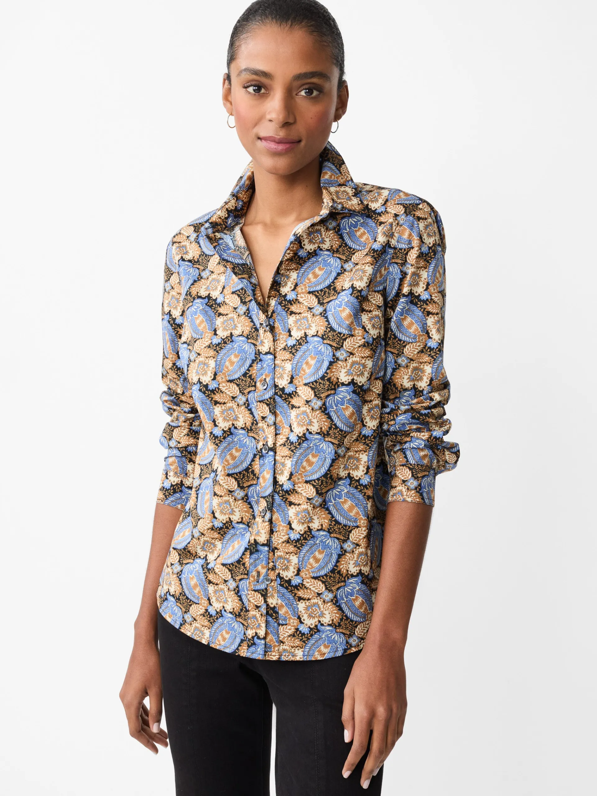J.McLaughlin Lois Shirt in Pomegranate Grove Camel/Blue Store