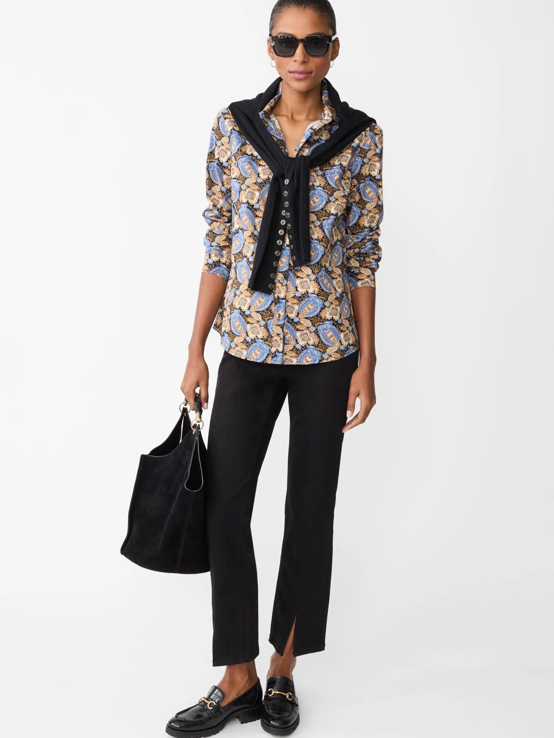 J.McLaughlin Lois Shirt in Pomegranate Grove Camel/Blue Store