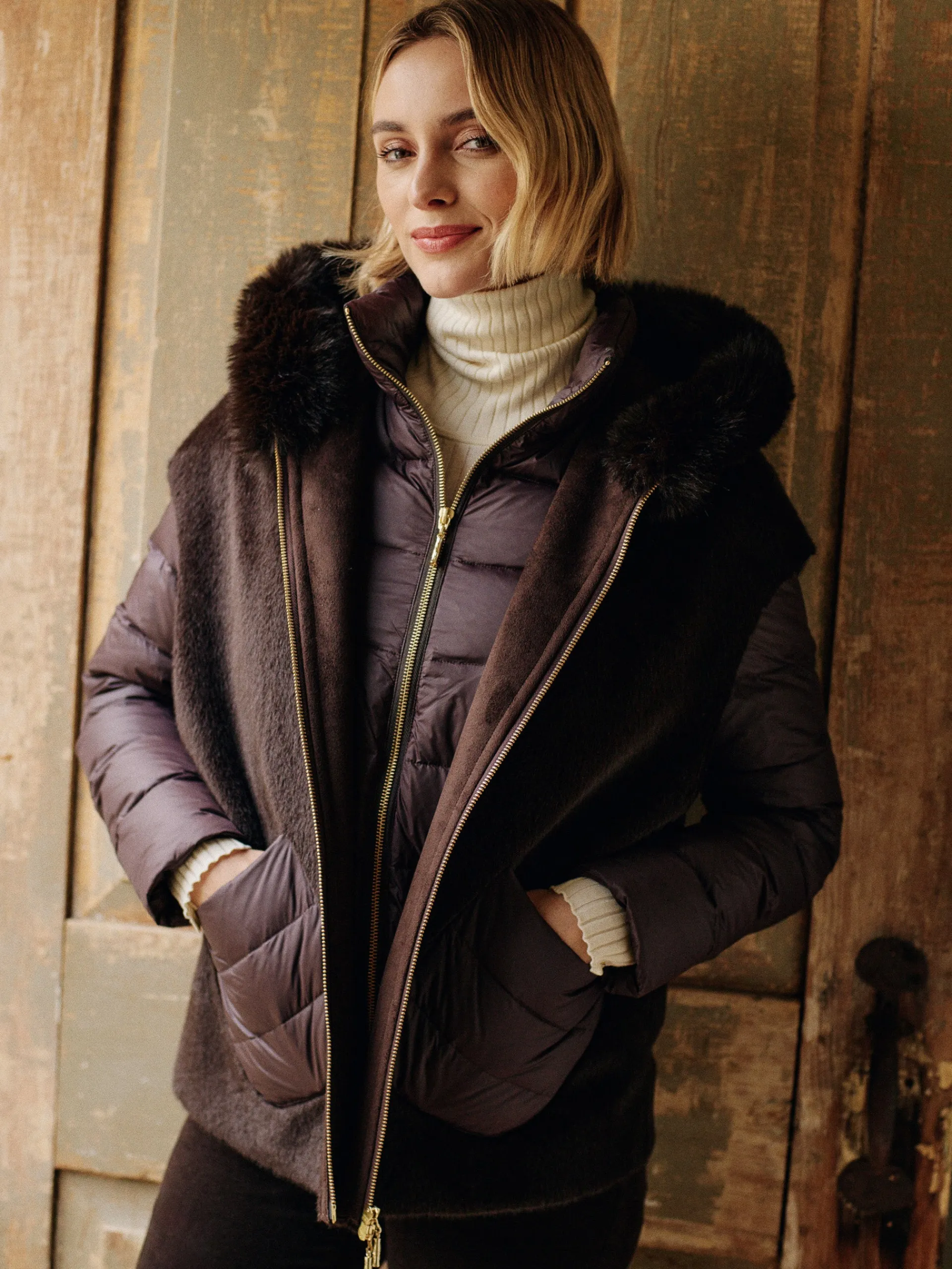 J.McLaughlin Nomi Puffer Jacket with Faux Fur Vest DarkBrown Sale