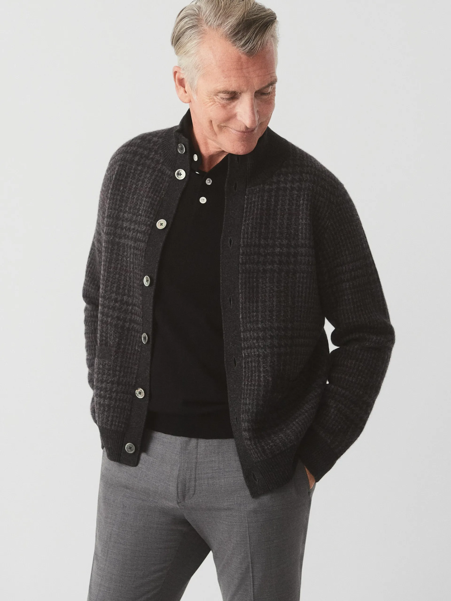 J.McLaughlin Prince of Wales Cardigan in Plaid Charcoal Cheap