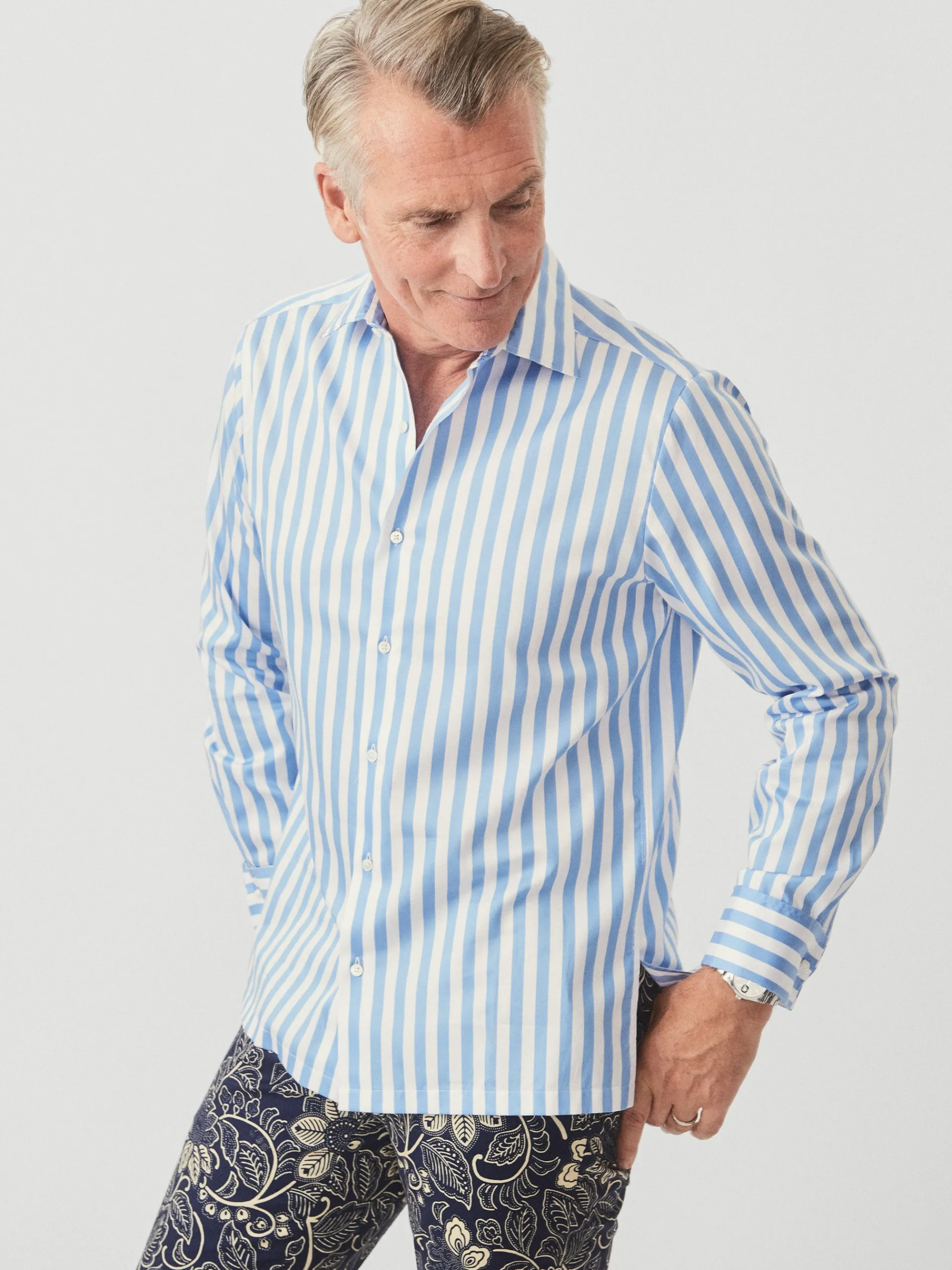 J.McLaughlin Rivera Classic Fit Shirt in Broad Stripe Blue/White Sale