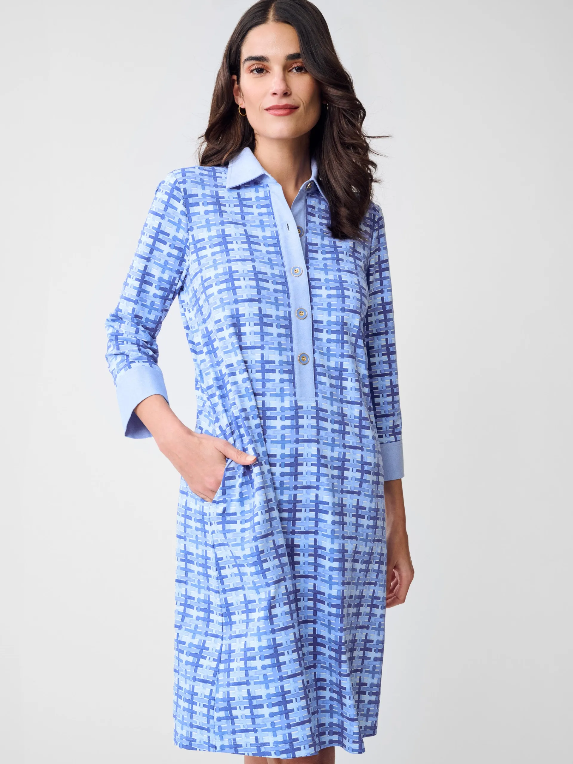 J.McLaughlin Rollins Dress in Micro Painted Lattice Blue/LightBlue Flash Sale