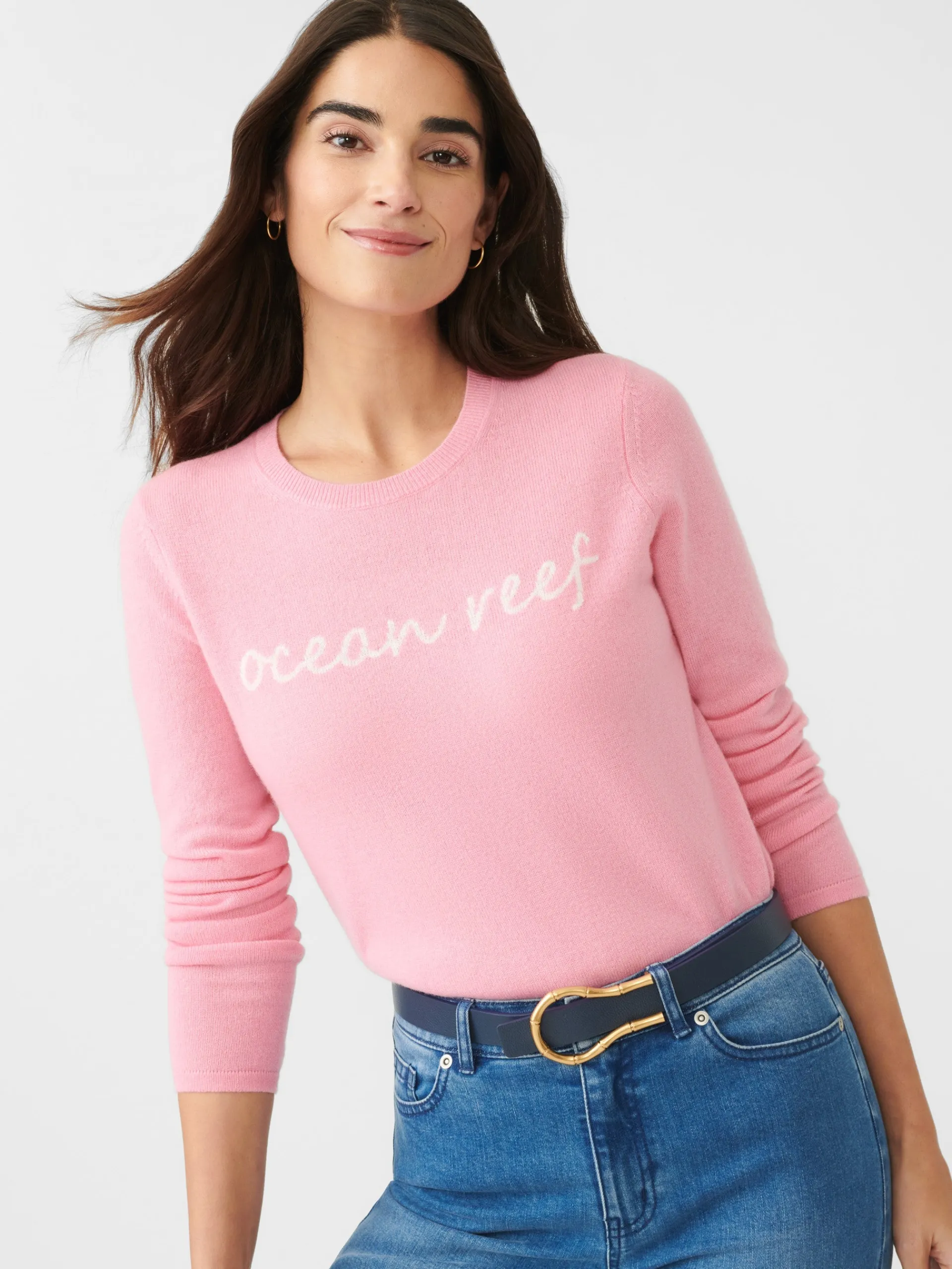 J.McLaughlin Shield Cashmere Sweater in Ocean Reef Pink/White Hot