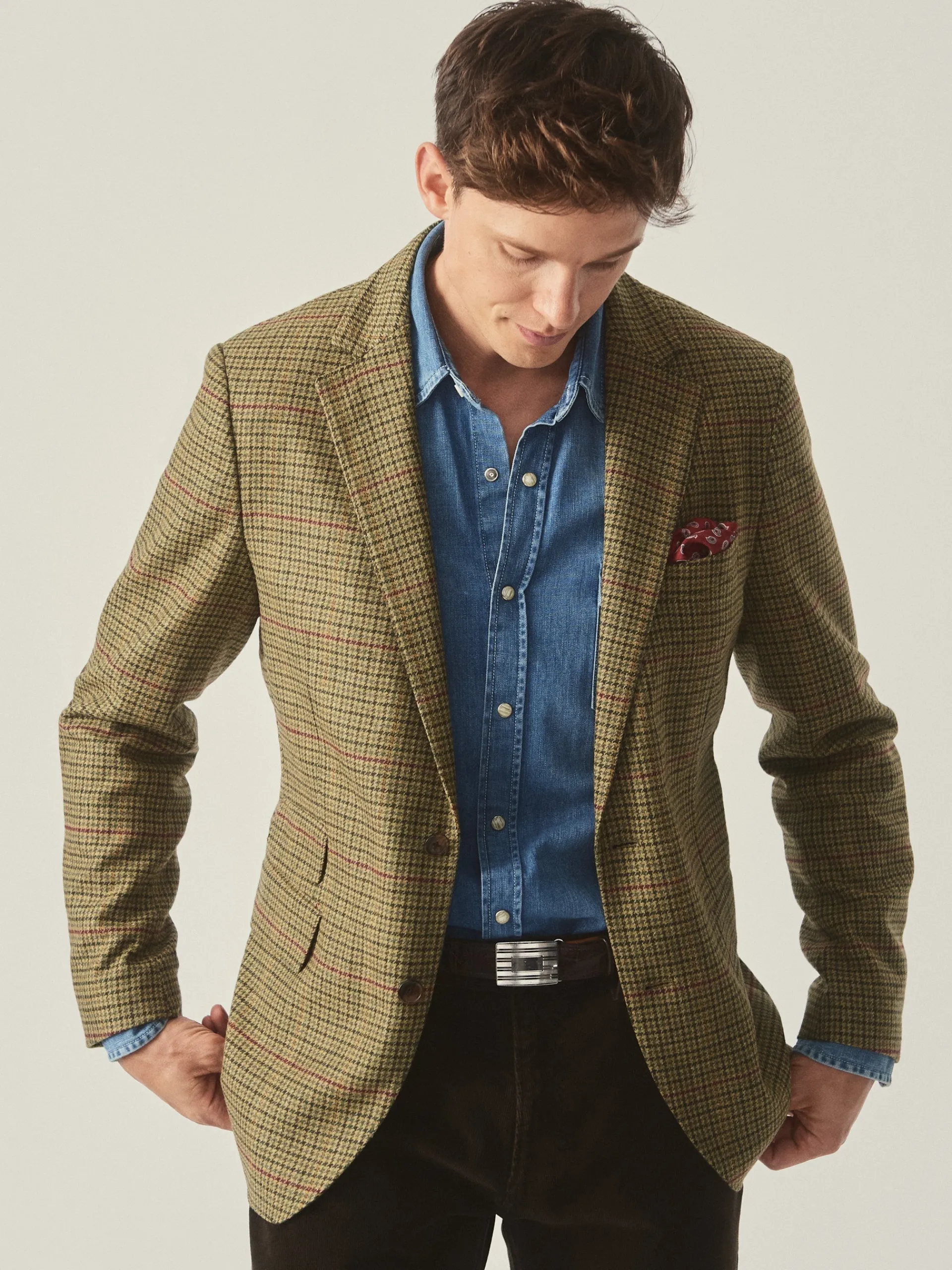 J.McLaughlin Suffolk Wool Sport Coat in Plaid Brown/Green/Red/Mustard Cheap